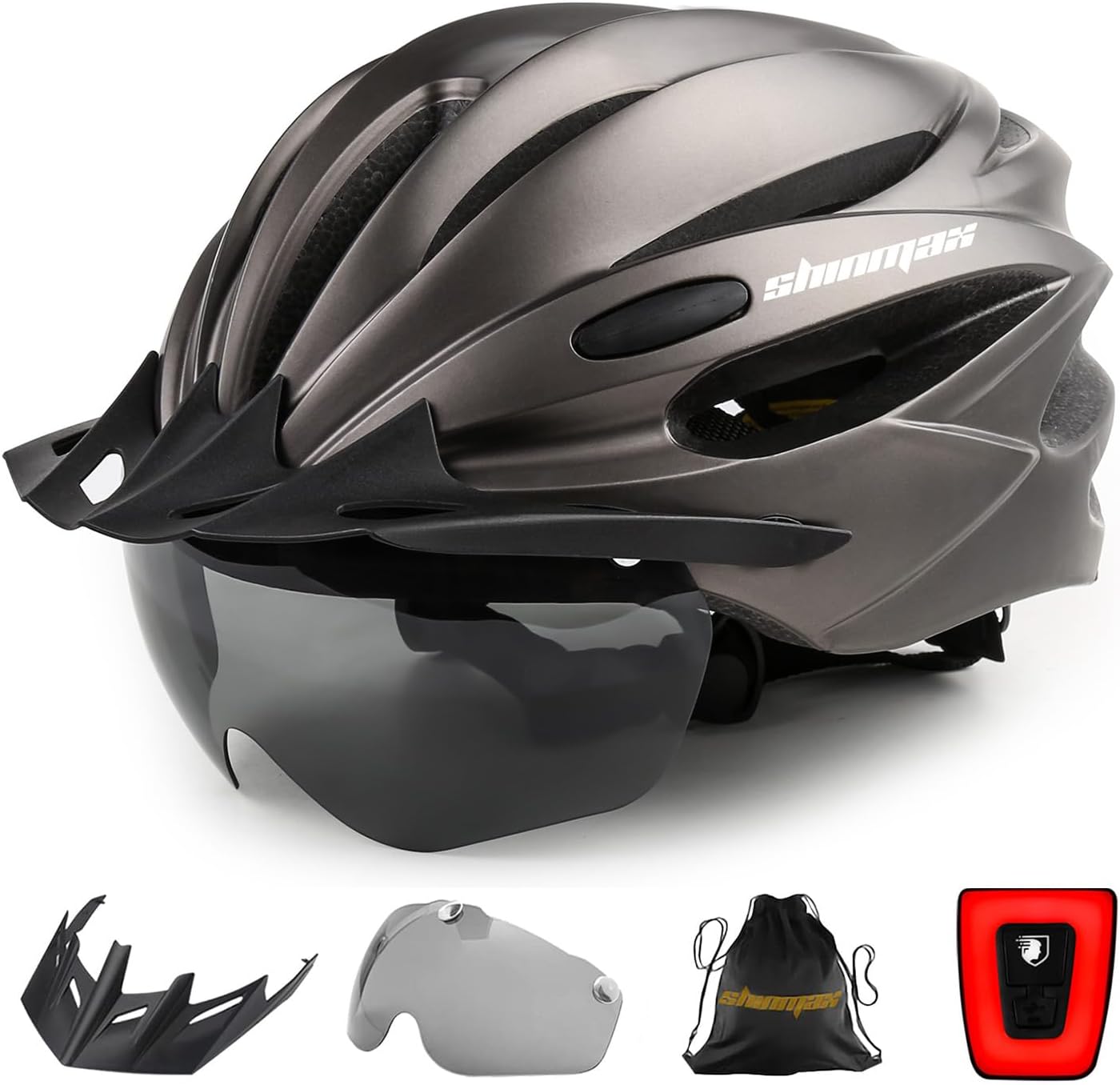 Bike Helmet, Bicycle Helmet with USB Charging Light&Detachable Magnetic Goggles&Removable Sun Visor&Portable Bag Adjustable Cycling Helmet