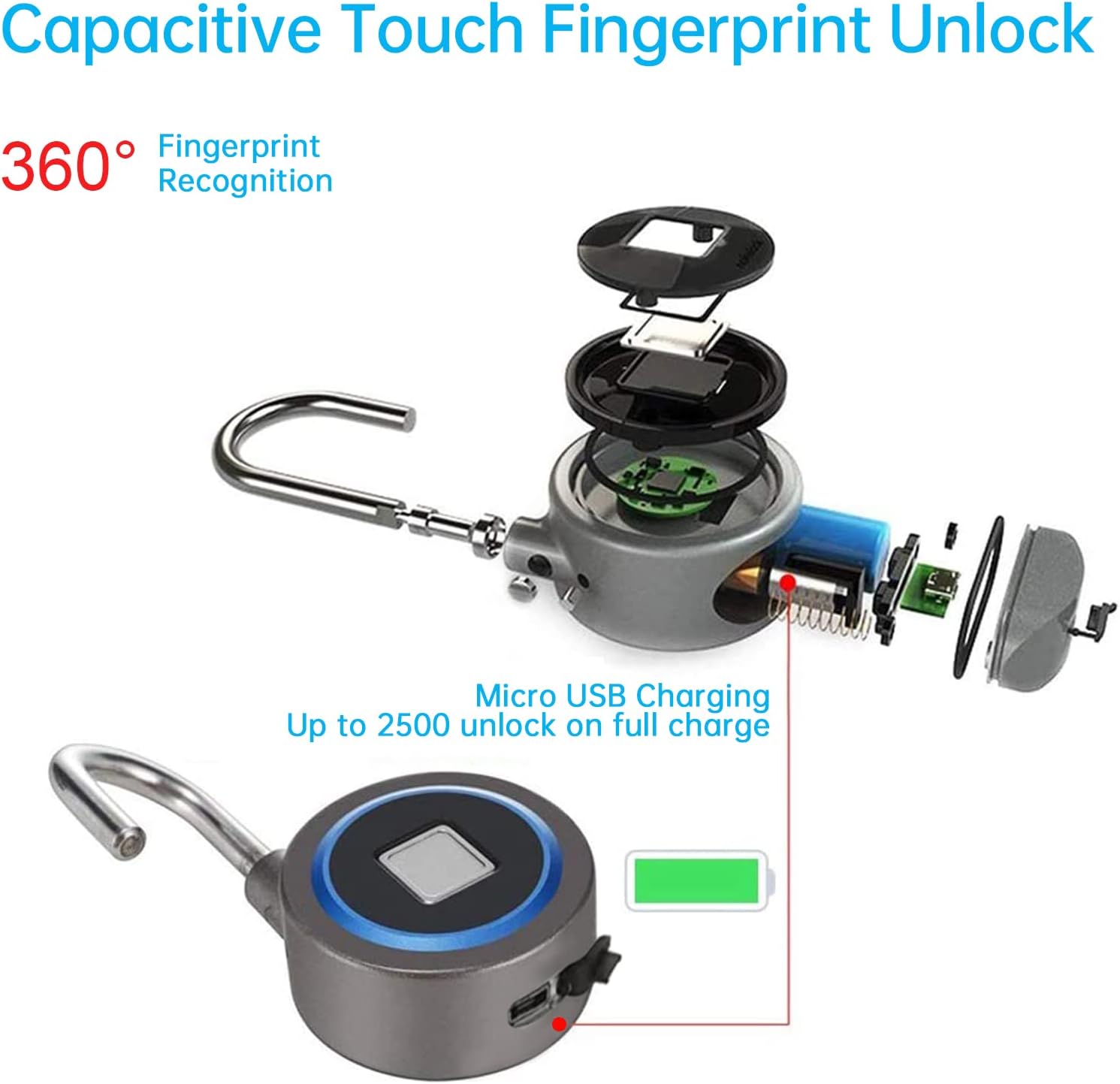 Fingerprint Padlock, Bluetooth Lock, Mobile APP, Smart Padlock with Keyless Biometric, Water Resistant, Suitable for Gym, Sports, Bike, School, Fence and Storage(Blue)