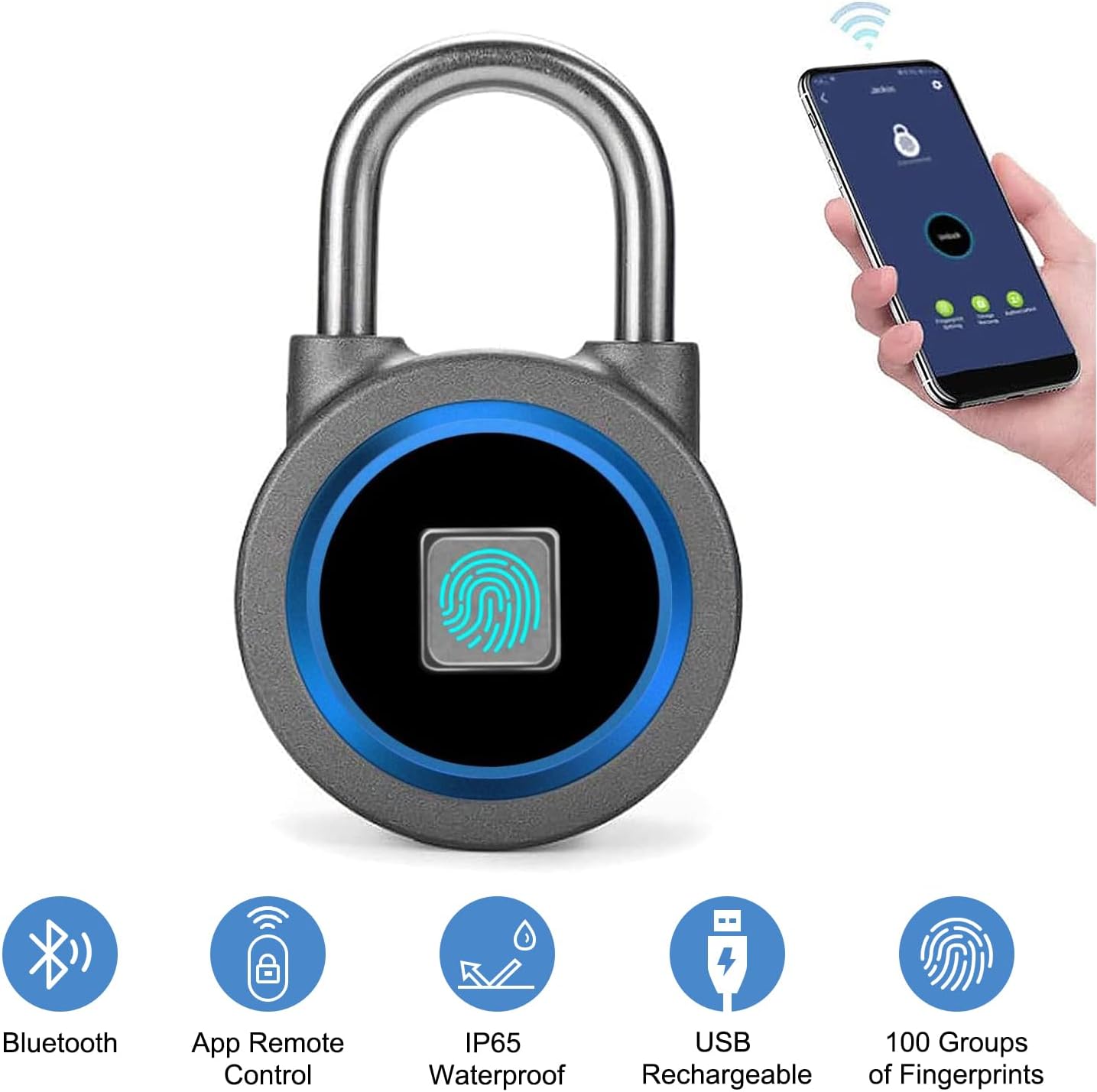 Fingerprint Padlock, Bluetooth Lock, Mobile APP, Smart Padlock with Keyless Biometric, Water Resistant, Suitable for Gym, Sports, Bike, School, Fence and Storage(Blue)