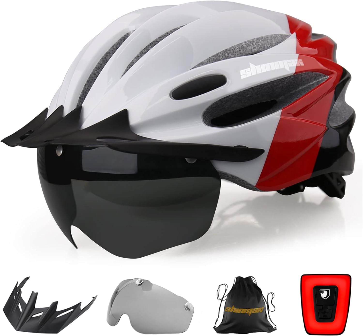 Bike Helmet, Bicycle Helmet with USB Charging Light&Detachable Magnetic Goggles&Removable Sun Visor&Portable Bag Adjustable Cycling Helmet