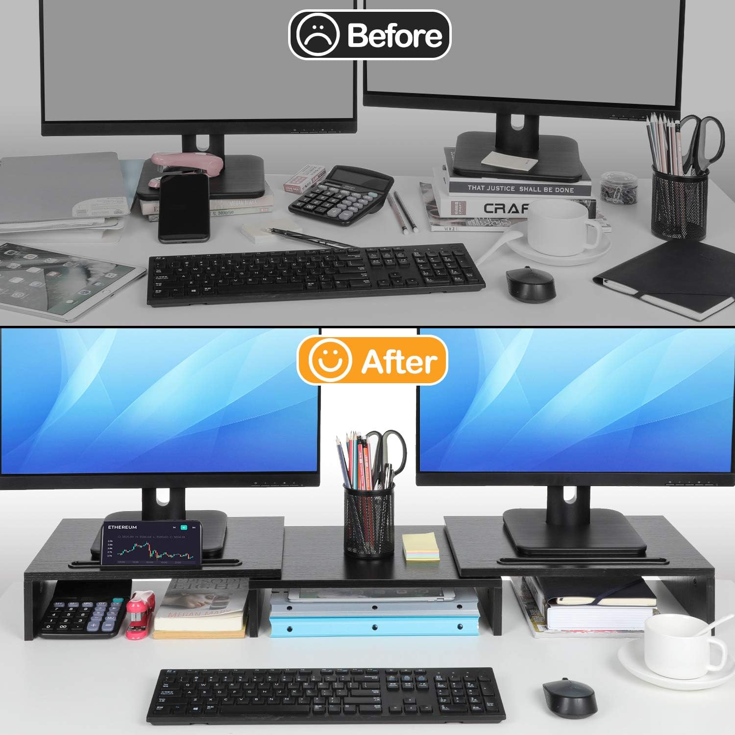 Dual Monitor Stand Riser for 2 Monitors, Monitor Stand for Desk, Adjustable Computer Monitor Stand with 2 Slot, Multifunctional Desktop Organizer Stand for Laptop, PC, Computer, Printer