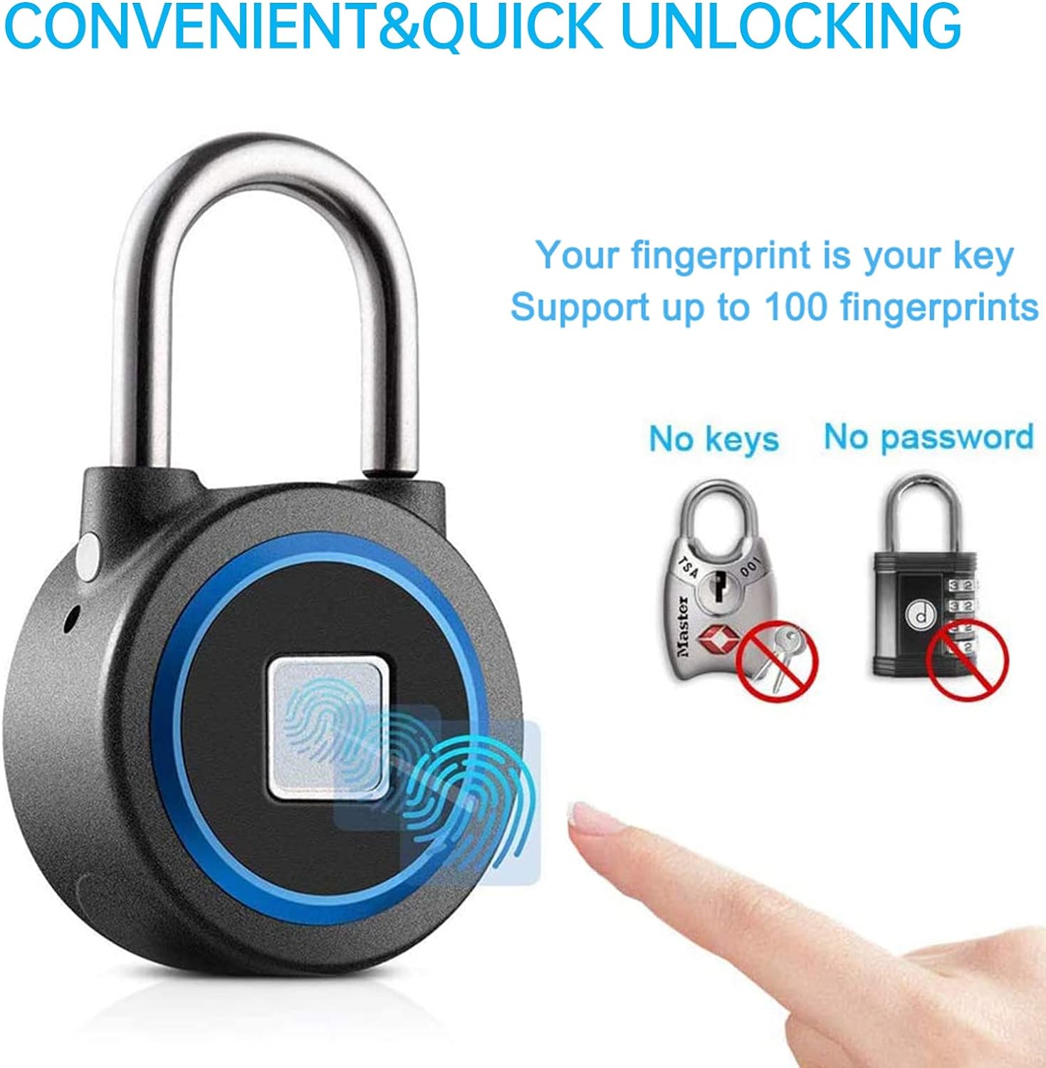 Fingerprint Padlock, Bluetooth Lock, Mobile APP, Smart Padlock with Keyless Biometric, Water Resistant, Suitable for Gym, Sports, Bike, School, Fence and Storage(Blue)