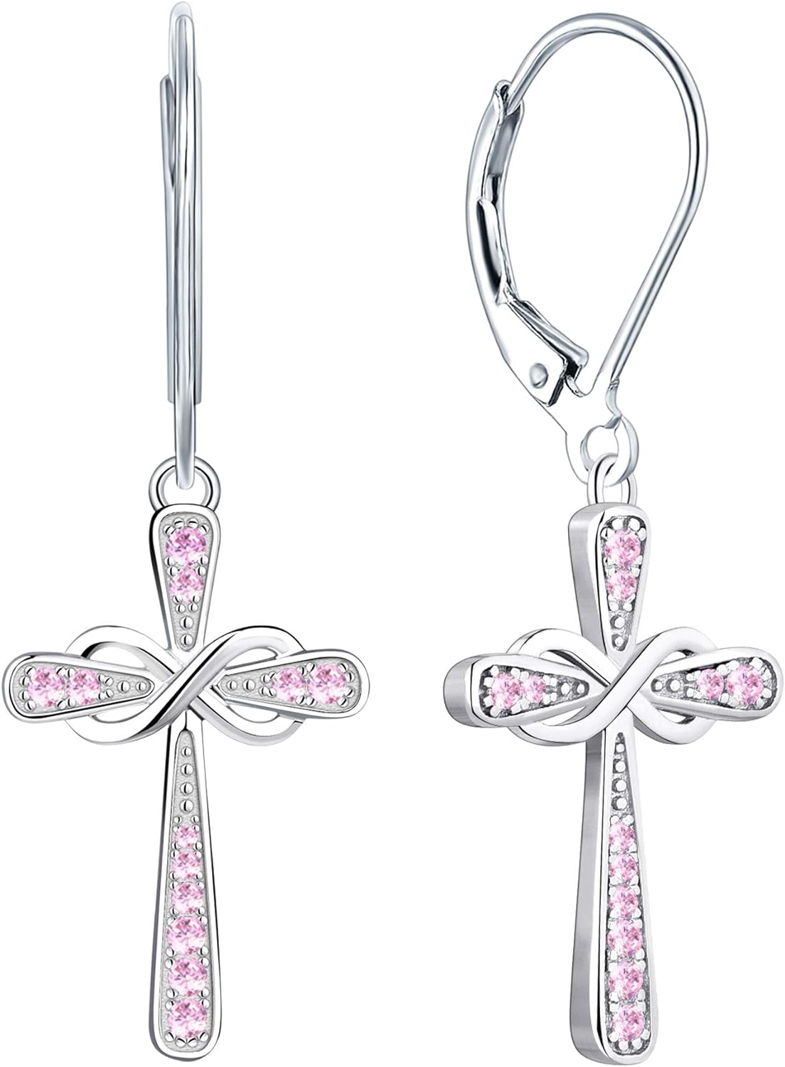 Cross Earrings 925 Sterling Silver Infinity Leverback Earrings Cross Dangle Drop Religious Jewelry Christian Baptism Gift