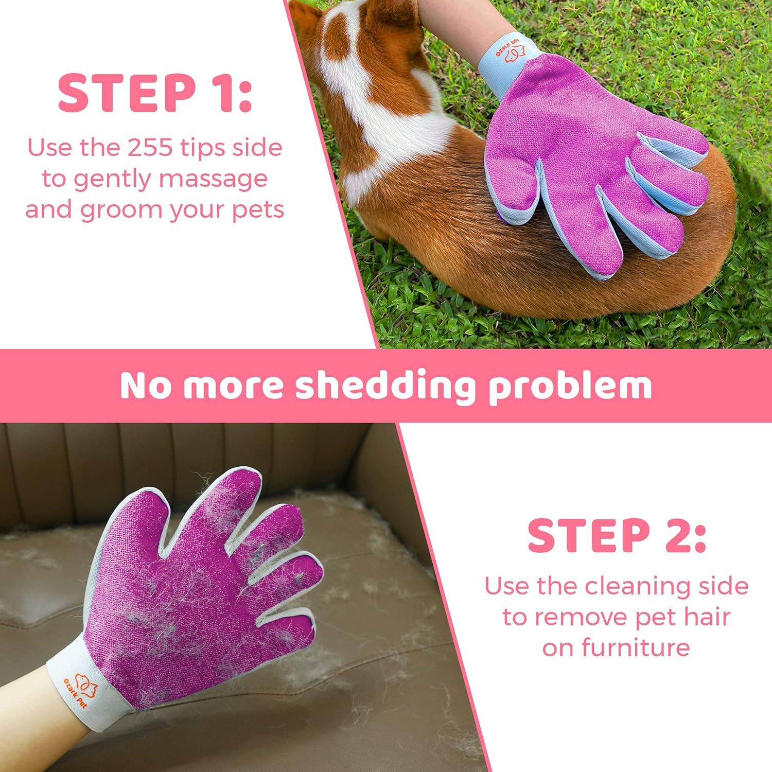 Dog Brush and Cat Brush-With Deshedding Brush, Dog Dematting Tools and 2 Side Shedding Brush Glove, Reduce Shedding up to 95%, for Short to Long Hair, Small to Medium Breeds by (Pink Small)