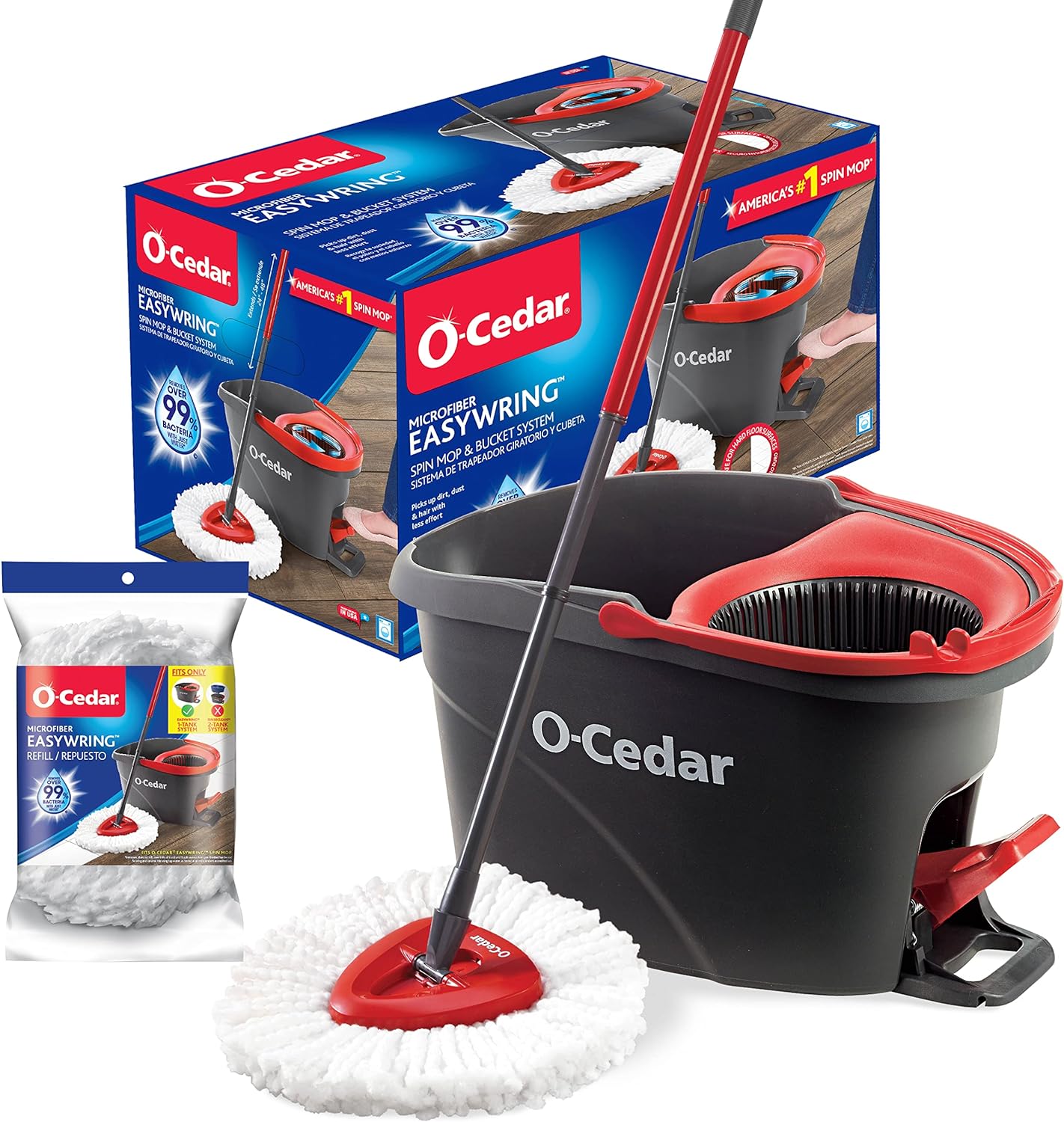 Easywring Microfiber Spin Mop, Bucket Floor Cleaning System, Red, Gray