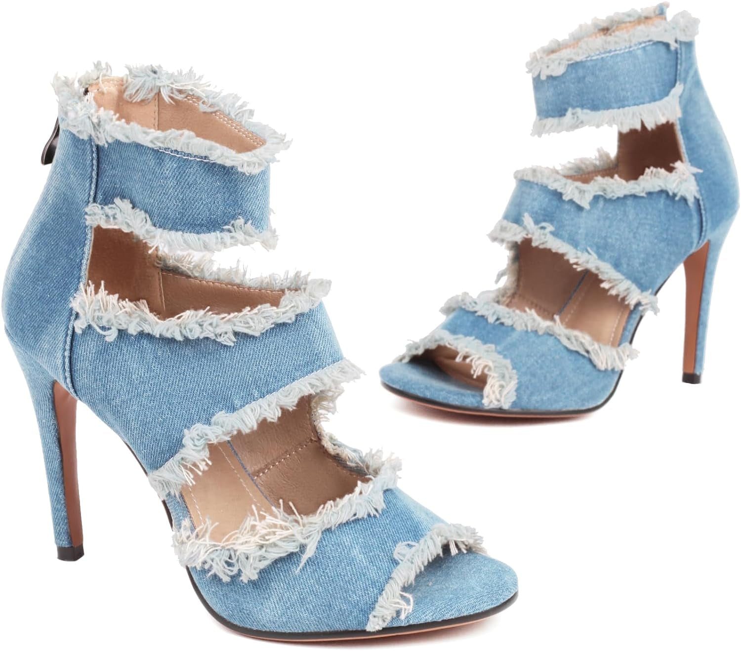 WomenâS Denim Heels Ankle Strap Peep Toe Heeled Sandals