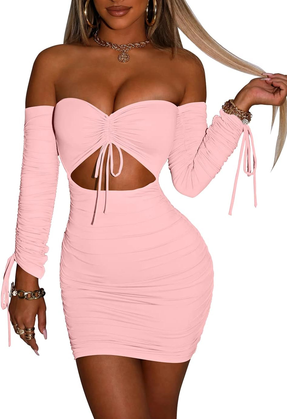 Women'S Sexy Tube Long Sleeve Cutout Drawstring Ruched Bodycon Mini Club Dress