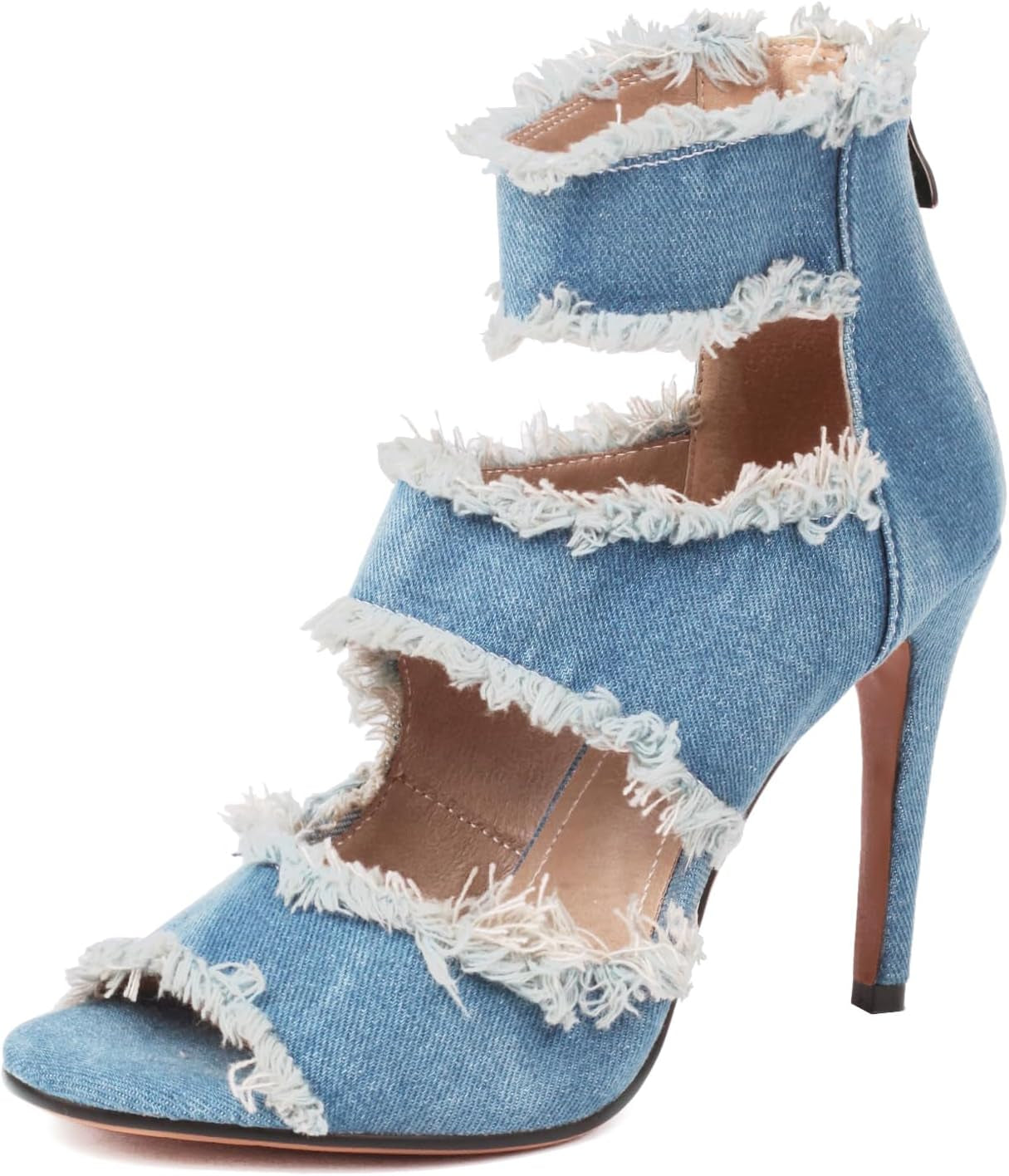 WomenâS Denim Heels Ankle Strap Peep Toe Heeled Sandals