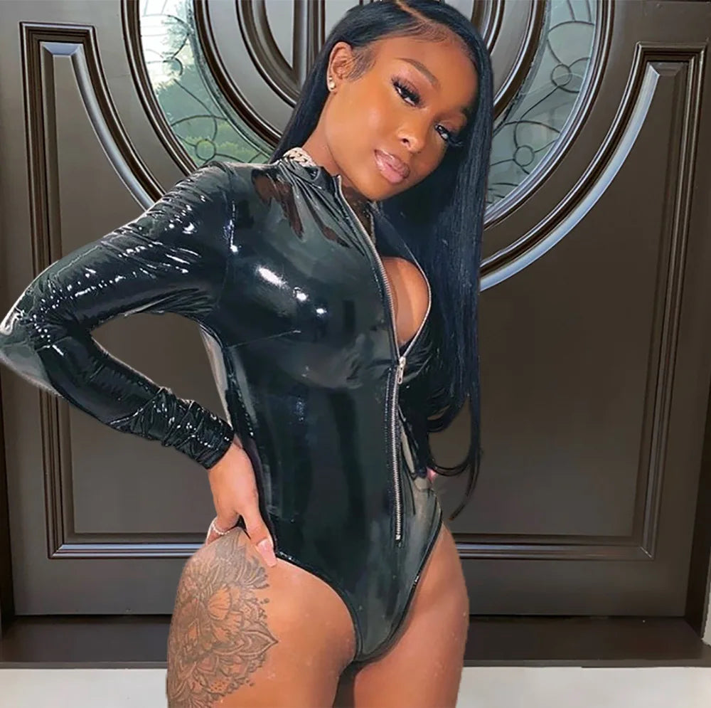 Faux PU Leather Long Sleeve Bodysuit Women Romper One Piece Club Outfits Zipper Bodycon Bodysuit Wrap Sexy Jumpsuit Female