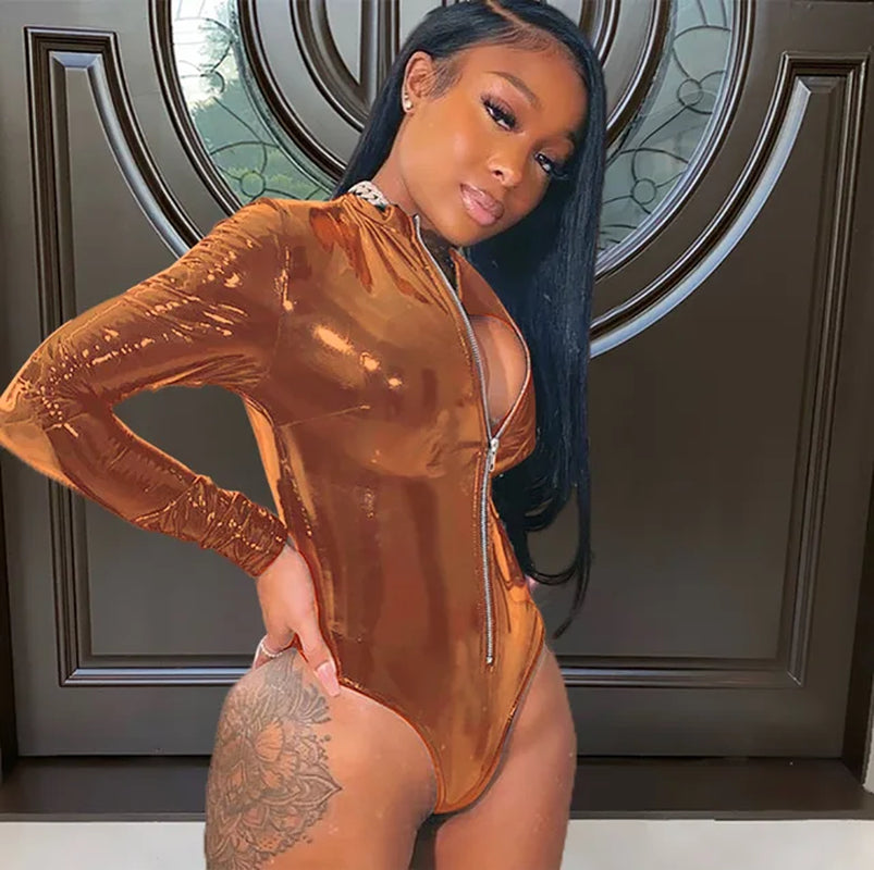 Faux PU Leather Long Sleeve Bodysuit Women Romper One Piece Club Outfits Zipper Bodycon Bodysuit Wrap Sexy Jumpsuit Female