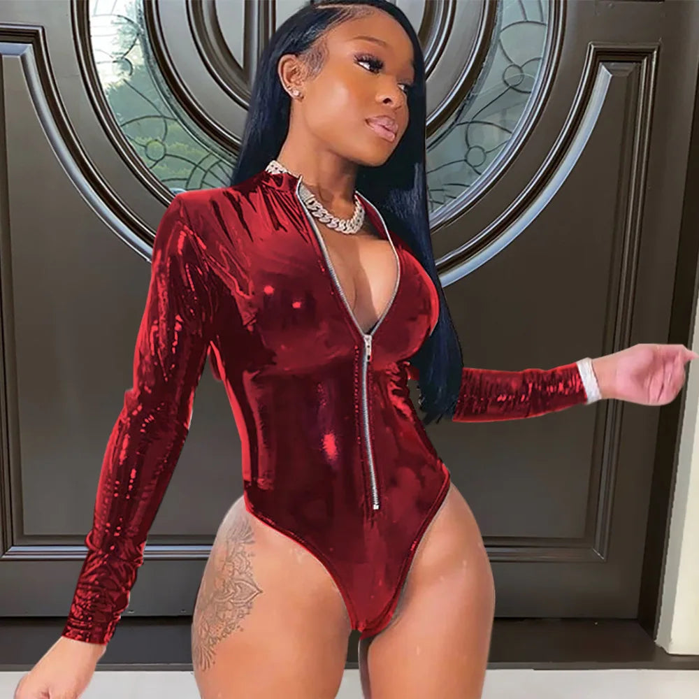 Faux PU Leather Long Sleeve Bodysuit Women Romper One Piece Club Outfits Zipper Bodycon Bodysuit Wrap Sexy Jumpsuit Female