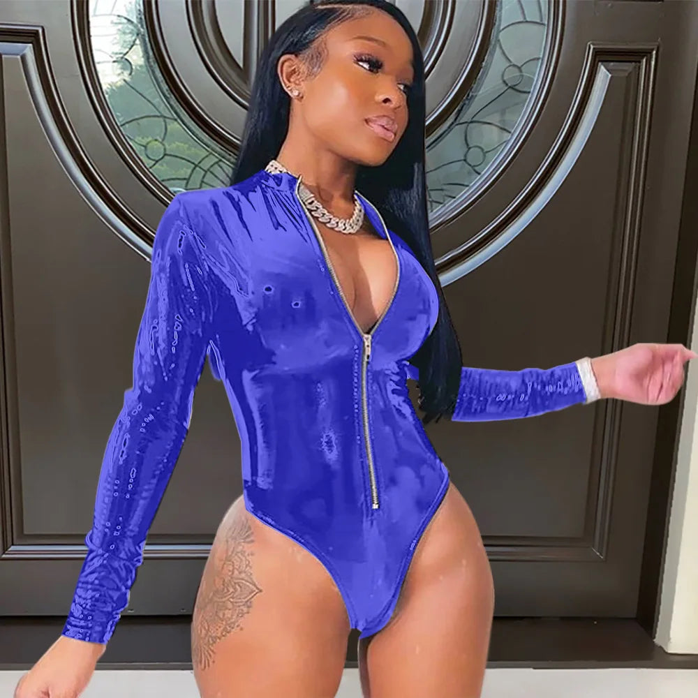 Faux PU Leather Long Sleeve Bodysuit Women Romper One Piece Club Outfits Zipper Bodycon Bodysuit Wrap Sexy Jumpsuit Female