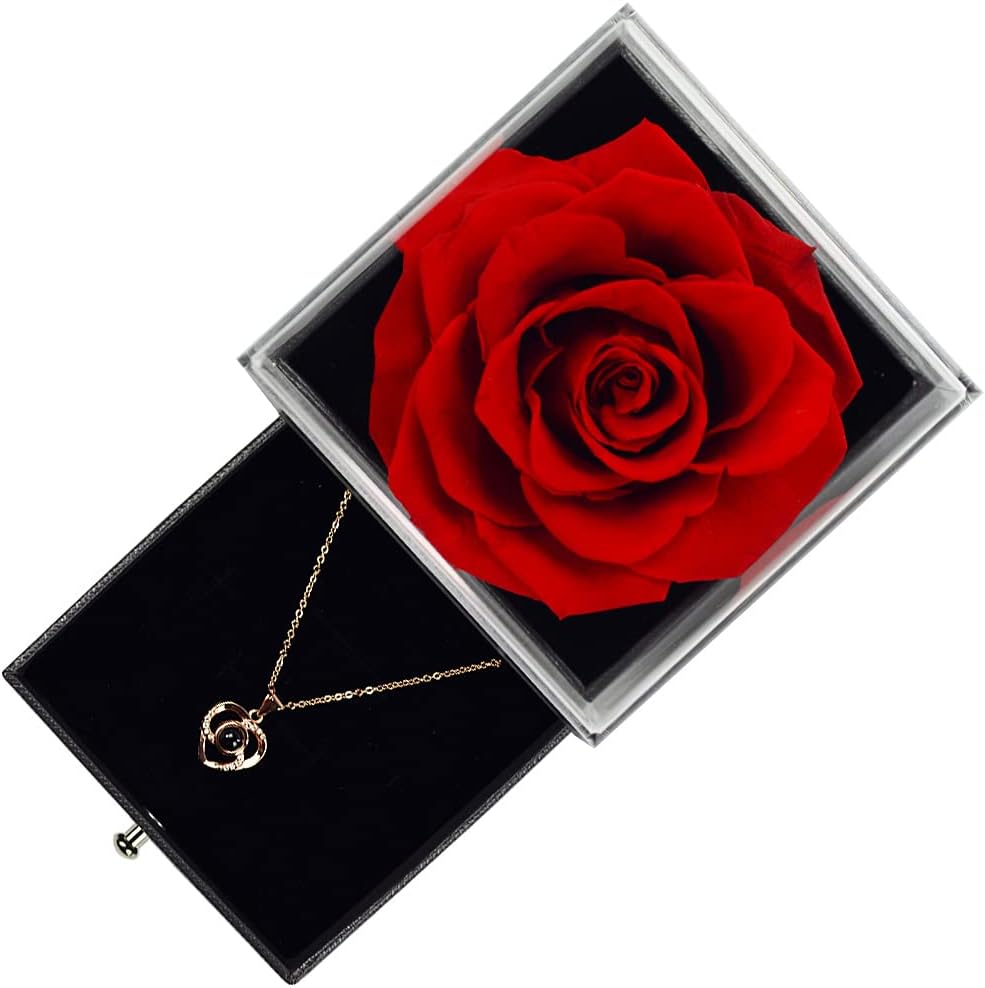 Preserved Flower Rose with Love You Necklace in 100 Languages Gift for Her, Enchanted Real Rose Flower Valentine'S Mother'S Day Anniversary Wedding Romantic Gift for Girlfriend Wife Mom