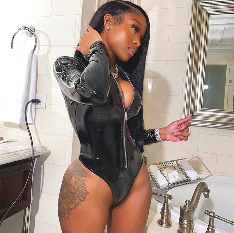 Faux PU Leather Long Sleeve Bodysuit Women Romper One Piece Club Outfits Zipper Bodycon Bodysuit Wrap Sexy Jumpsuit Female