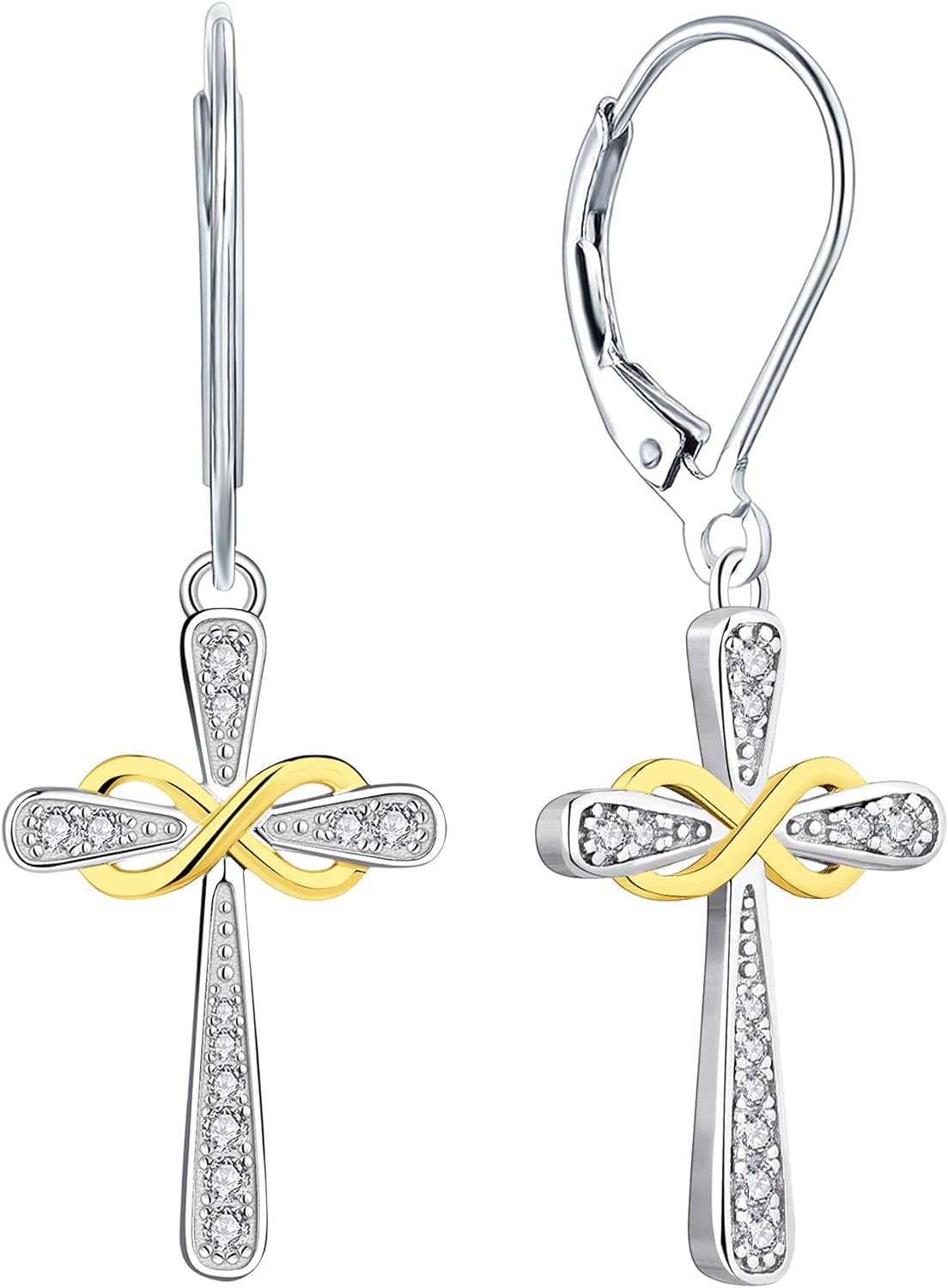 Cross Earrings 925 Sterling Silver Infinity Leverback Earrings Cross Dangle Drop Religious Jewelry Christian Baptism Gift