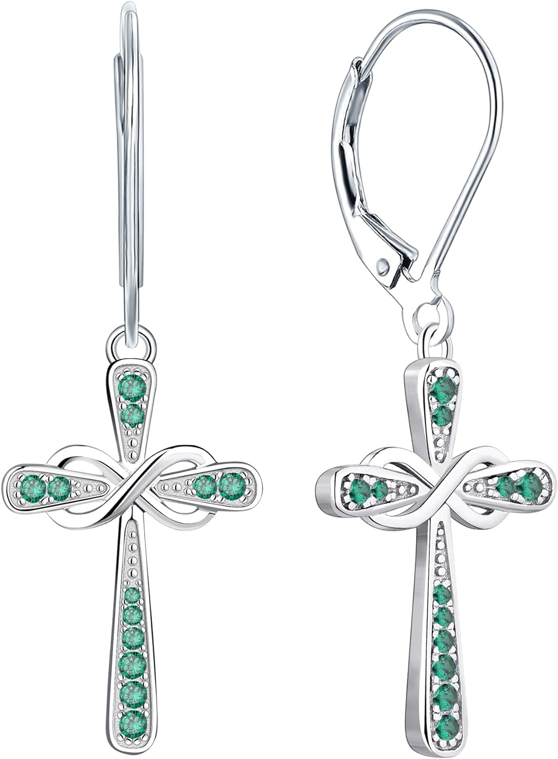 Cross Earrings 925 Sterling Silver Infinity Leverback Earrings Cross Dangle Drop Religious Jewelry Christian Baptism Gift