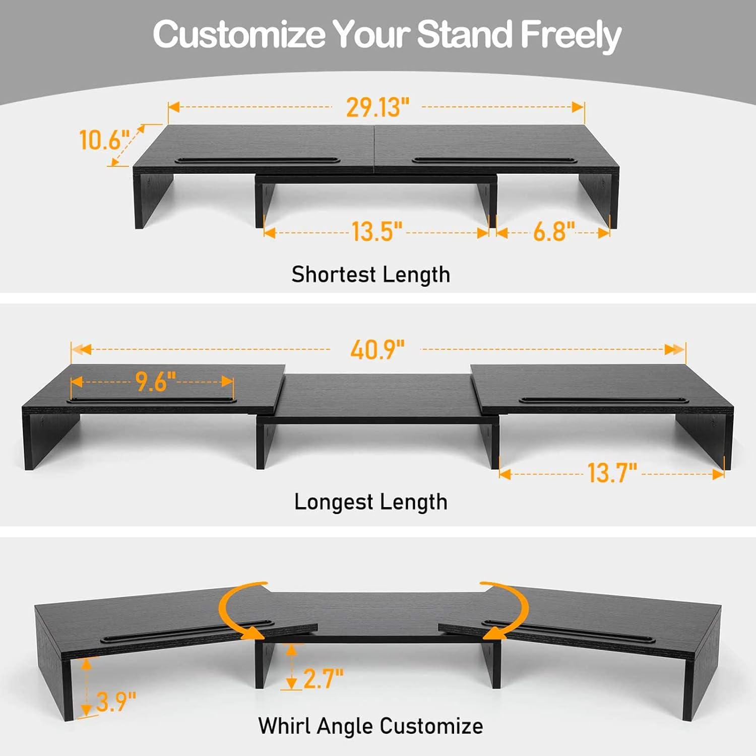 Dual Monitor Stand Riser for 2 Monitors, Monitor Stand for Desk, Adjustable Computer Monitor Stand with 2 Slot, Multifunctional Desktop Organizer Stand for Laptop, PC, Computer, Printer