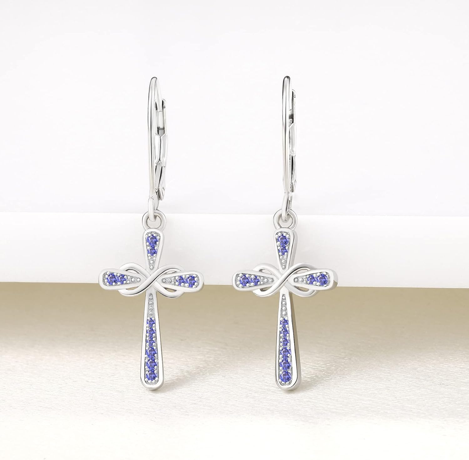 Cross Earrings 925 Sterling Silver Infinity Leverback Earrings Cross Dangle Drop Religious Jewelry Christian Baptism Gift