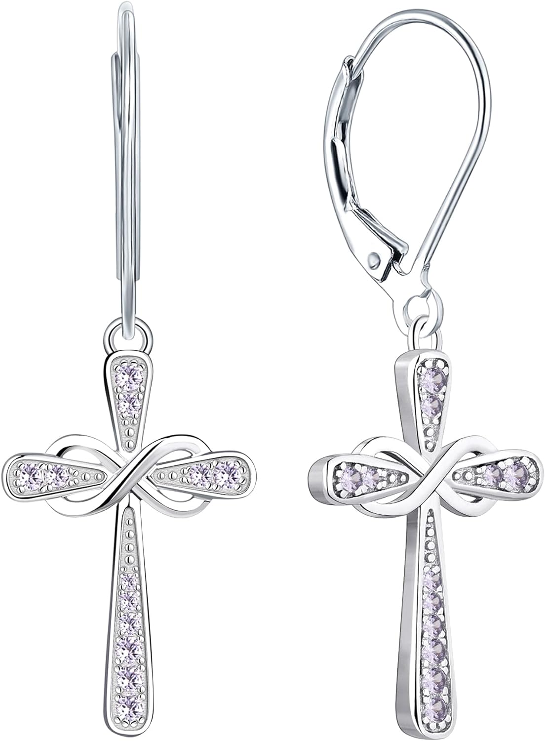 Cross Earrings 925 Sterling Silver Infinity Leverback Earrings Cross Dangle Drop Religious Jewelry Christian Baptism Gift
