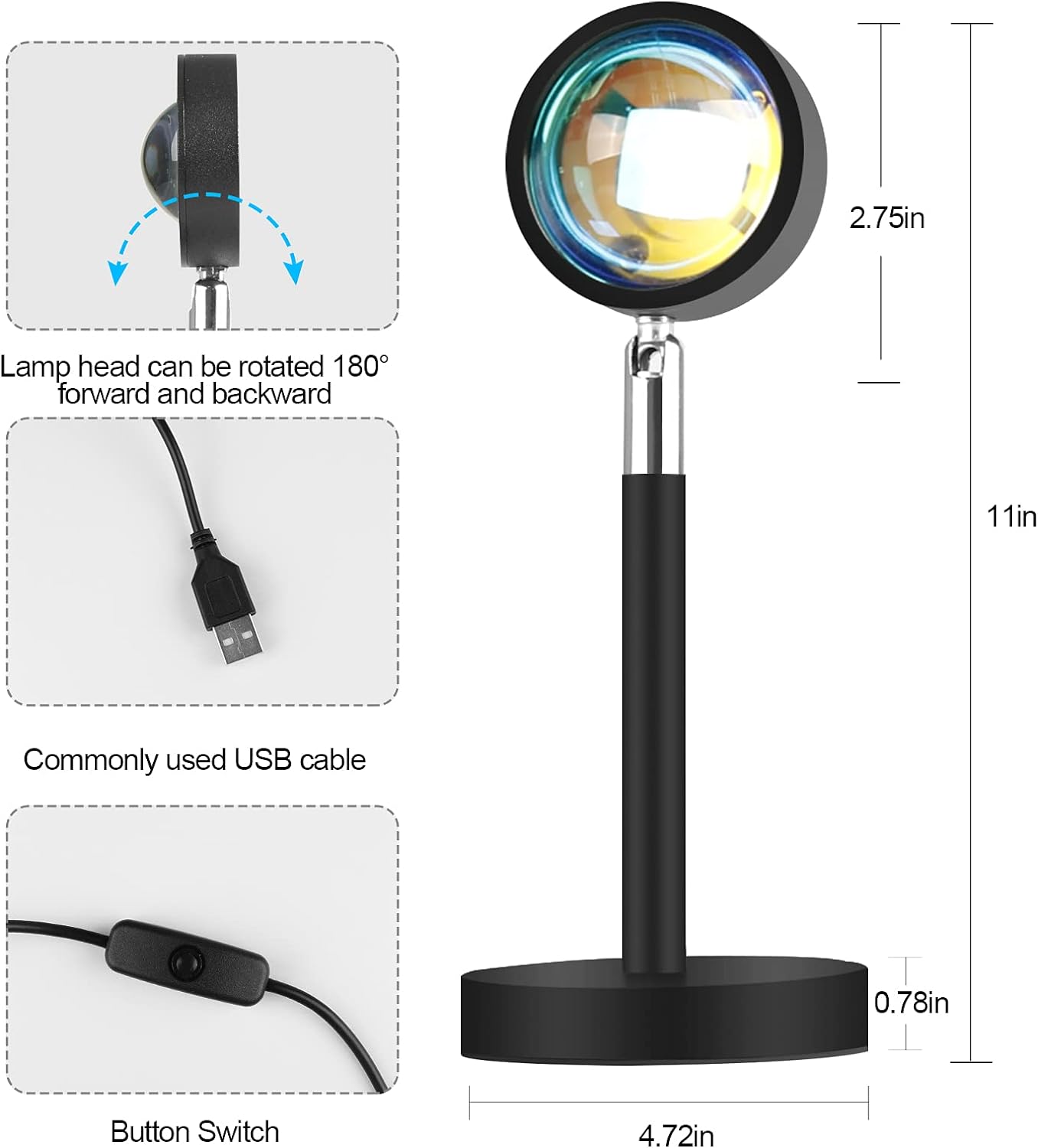Sunset Lamp Projector, 180 Degree Rotation Sunset Projection Light Led Night Light Floor Lamp with USB Port,Sunset Lamps for Photography Party Bedroom Decor,Christmas Gifts for Women