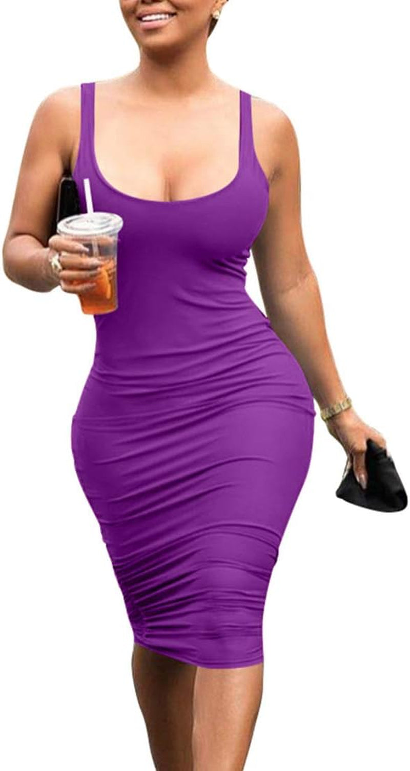 Women'S Casual Basic Pencil Tank Dress Sexy Sleeveless Bodycon Midi Club Dress