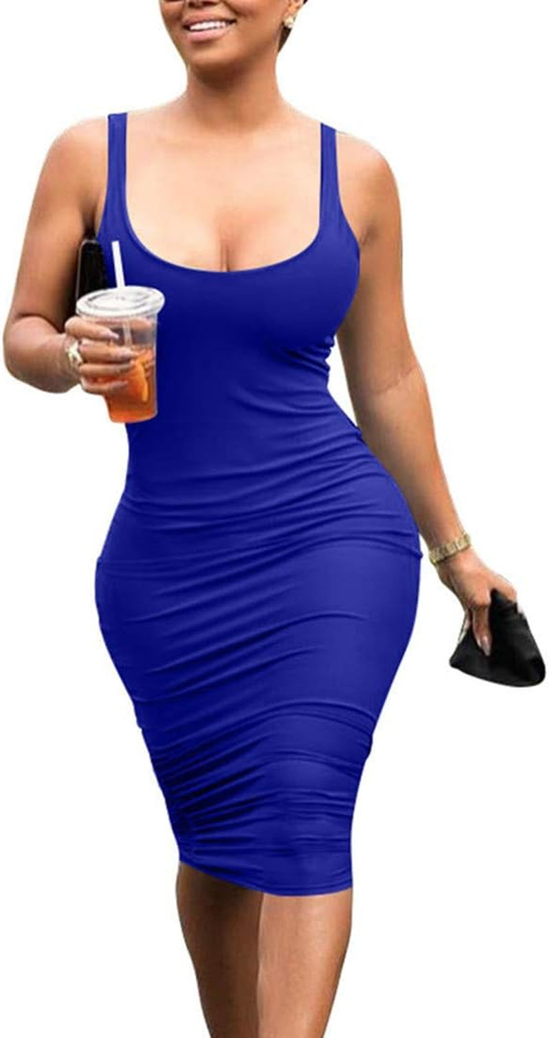 Women'S Casual Basic Pencil Tank Dress Sexy Sleeveless Bodycon Midi Club Dress
