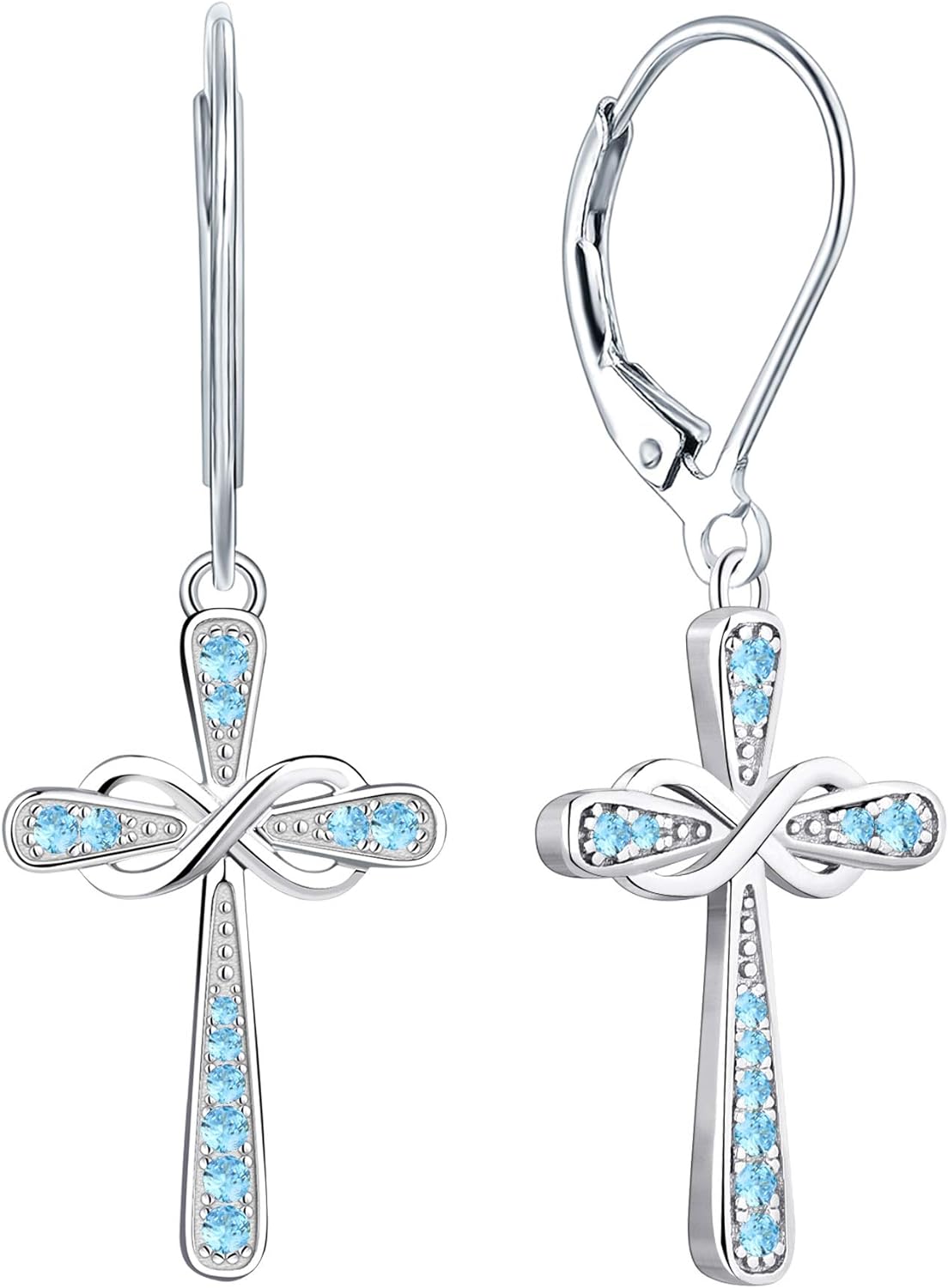 Cross Earrings 925 Sterling Silver Infinity Leverback Earrings Cross Dangle Drop Religious Jewelry Christian Baptism Gift