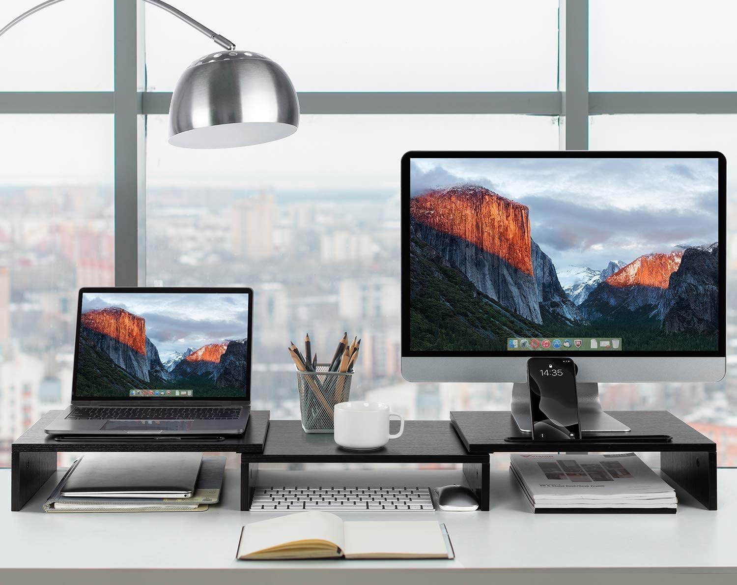 Dual Monitor Stand Riser for 2 Monitors, Monitor Stand for Desk, Adjustable Computer Monitor Stand with 2 Slot, Multifunctional Desktop Organizer Stand for Laptop, PC, Computer, Printer