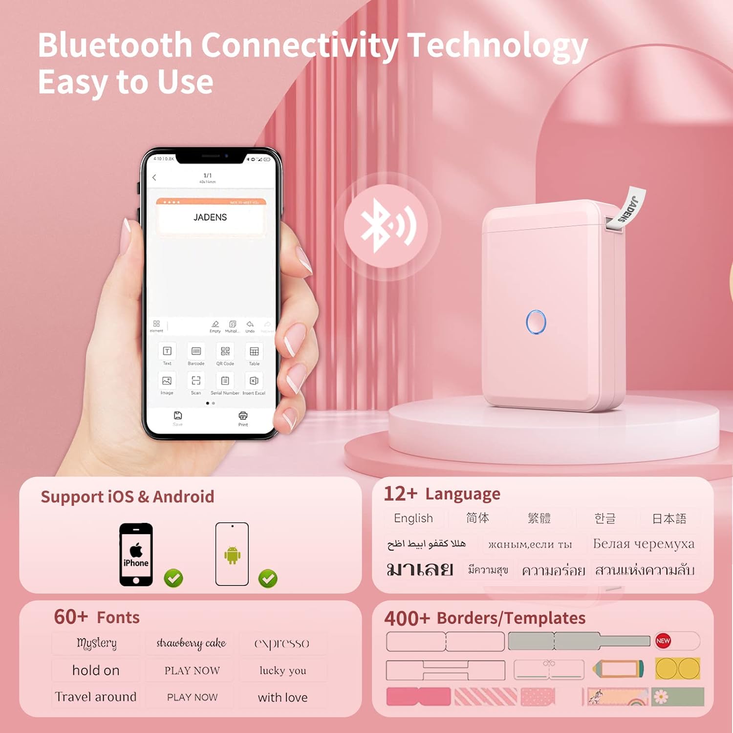 Label Maker Machine with Tape, Portable Bluetooth Label Printer for Storage, Light Pink