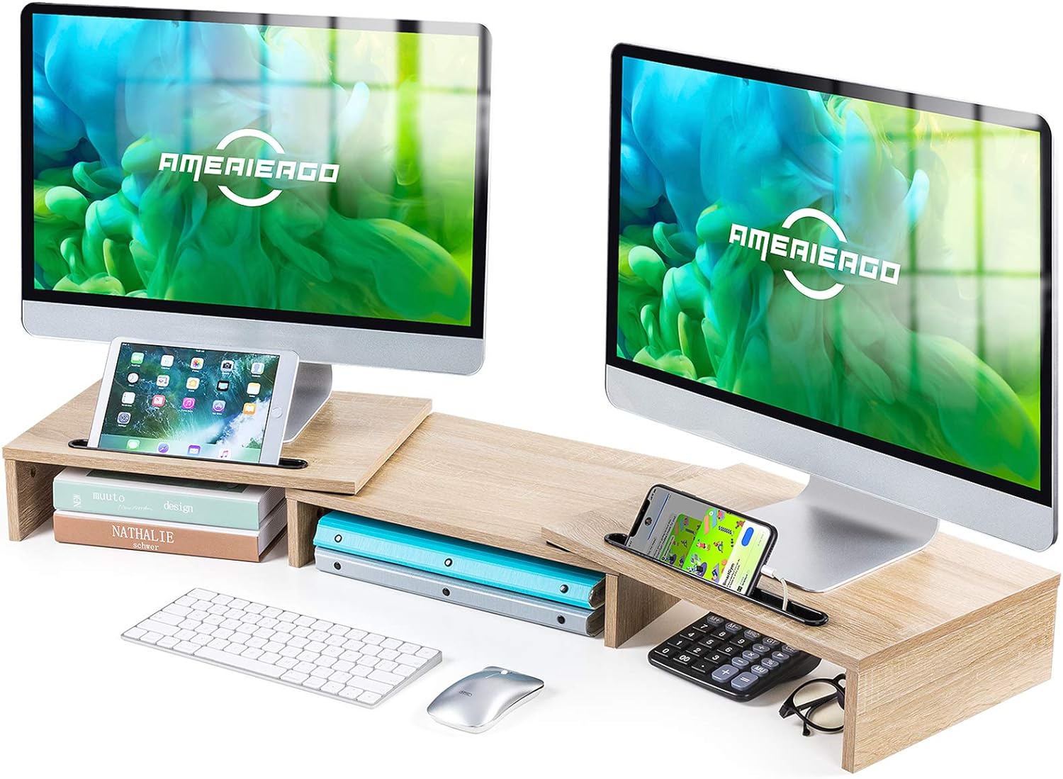 Dual Monitor Stand Riser for 2 Monitors, Monitor Stand for Desk, Adjustable Computer Monitor Stand with 2 Slot, Multifunctional Desktop Organizer Stand for Laptop, PC, Computer, Printer