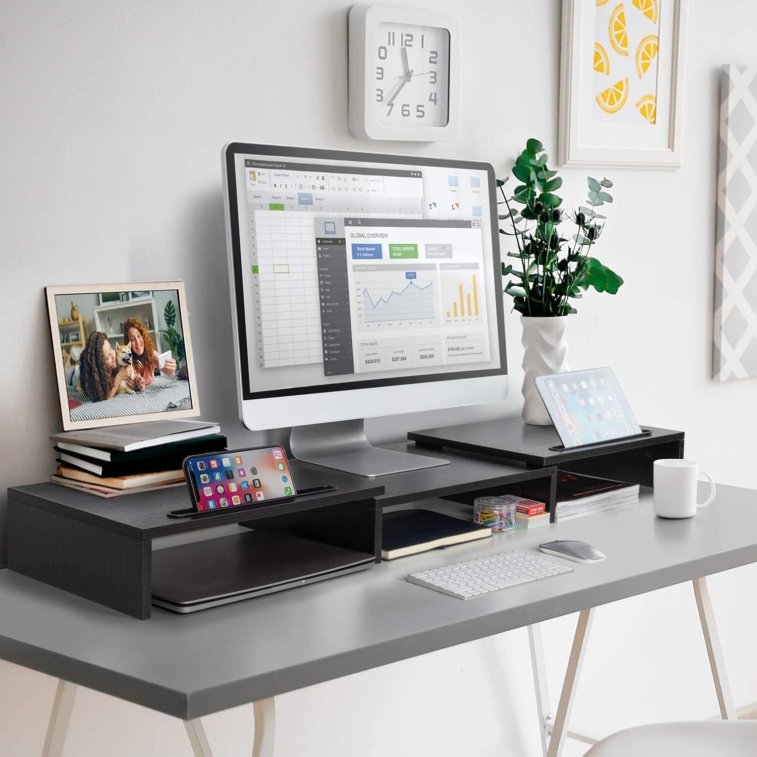 Dual Monitor Stand Riser for 2 Monitors, Monitor Stand for Desk, Adjustable Computer Monitor Stand with 2 Slot, Multifunctional Desktop Organizer Stand for Laptop, PC, Computer, Printer