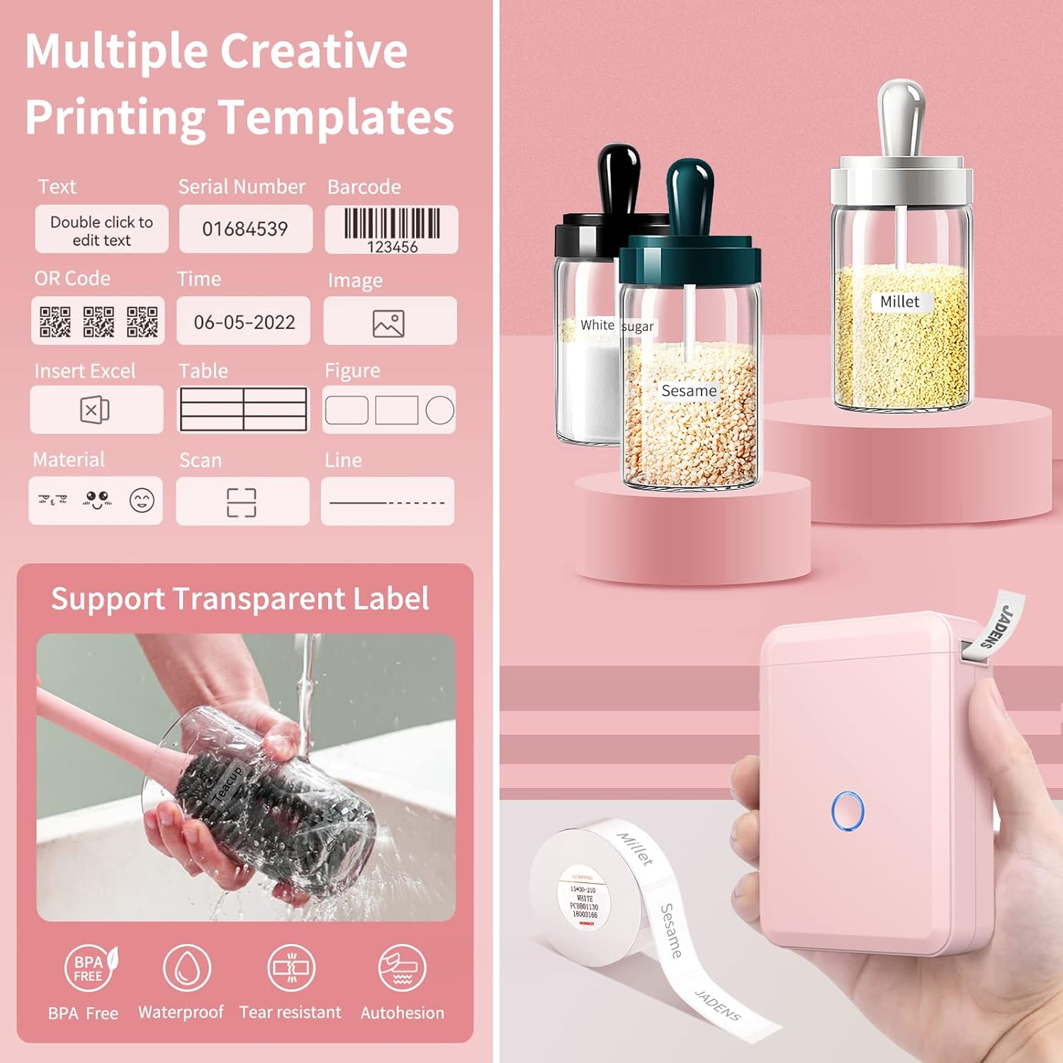 Label Maker Machine with Tape, Portable Bluetooth Label Printer for Storage, Light Pink