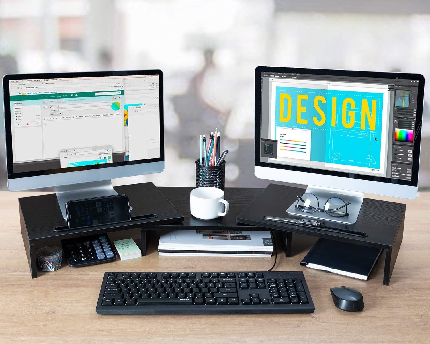 Dual Monitor Stand Riser for 2 Monitors, Monitor Stand for Desk, Adjustable Computer Monitor Stand with 2 Slot, Multifunctional Desktop Organizer Stand for Laptop, PC, Computer, Printer