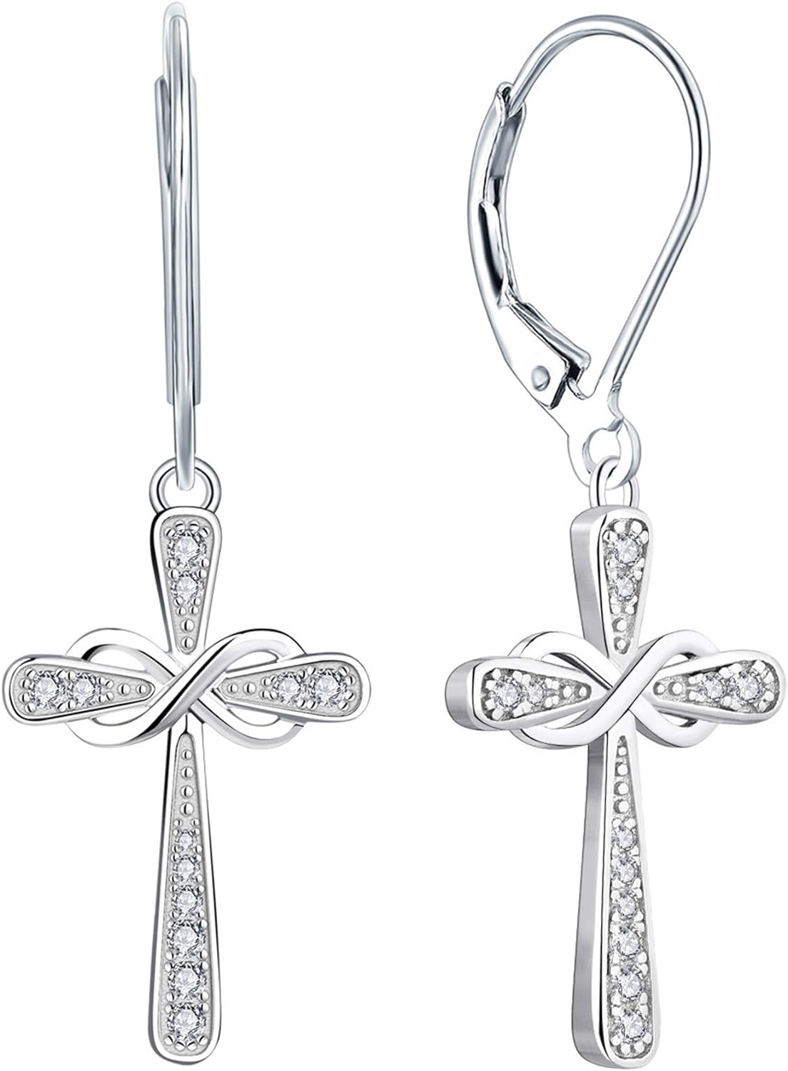 Cross Earrings 925 Sterling Silver Infinity Leverback Earrings Cross Dangle Drop Religious Jewelry Christian Baptism Gift