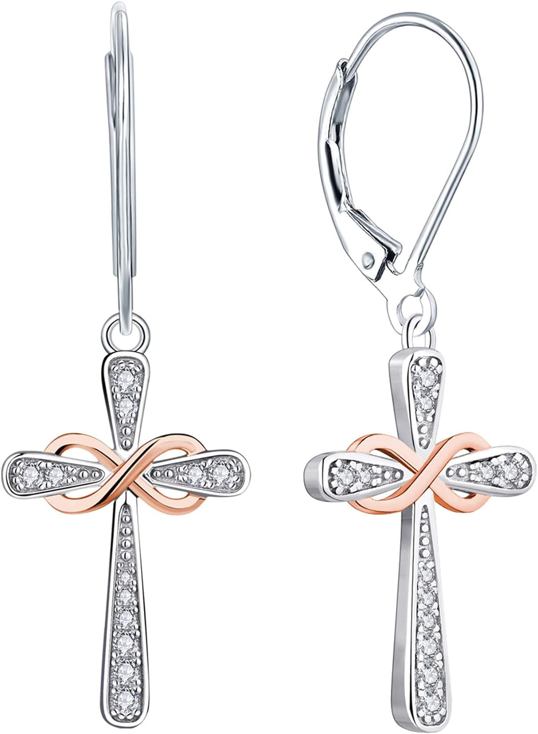Cross Earrings 925 Sterling Silver Infinity Leverback Earrings Cross Dangle Drop Religious Jewelry Christian Baptism Gift