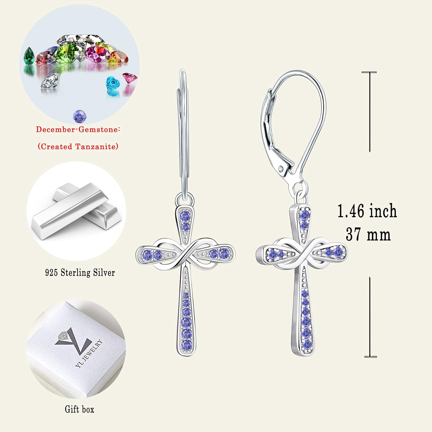 Cross Earrings 925 Sterling Silver Infinity Leverback Earrings Cross Dangle Drop Religious Jewelry Christian Baptism Gift