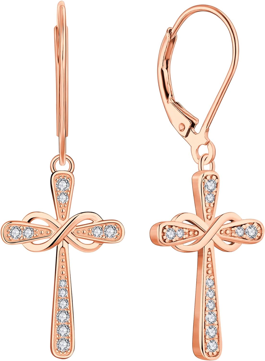 Cross Earrings 925 Sterling Silver Infinity Leverback Earrings Cross Dangle Drop Religious Jewelry Christian Baptism Gift