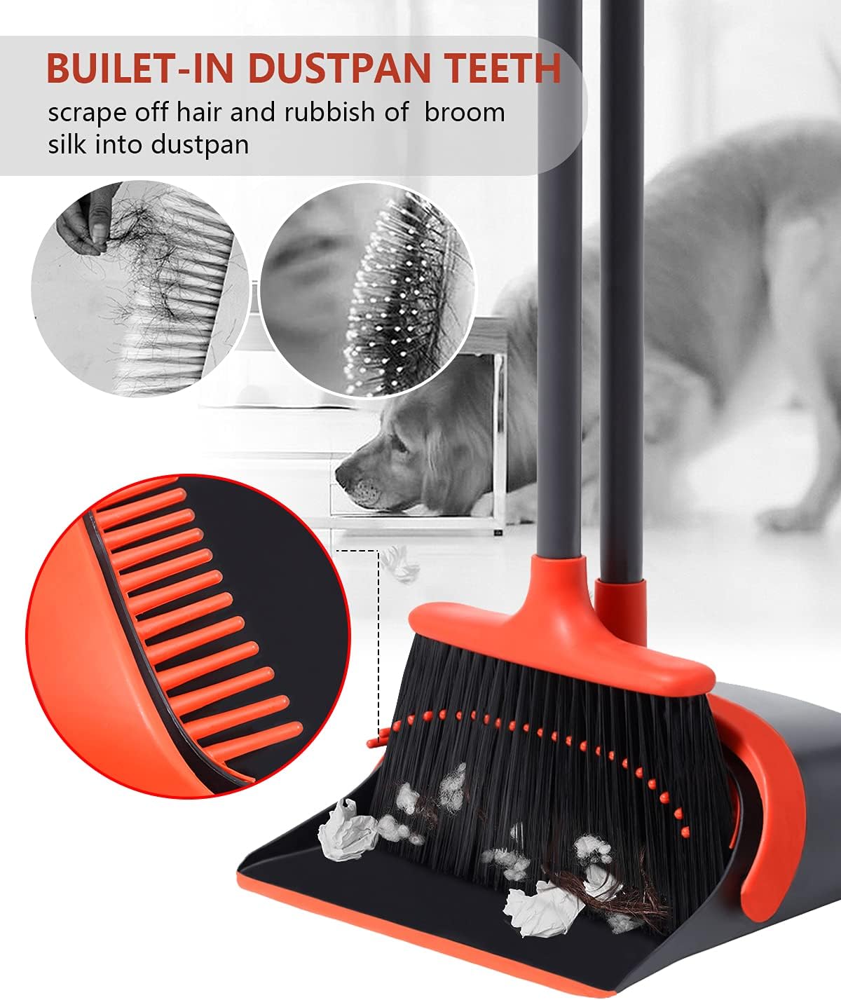 Broom and Dustpan, Broom and Dustpan Set for Home, Long Handle Broom with Dustpan, Broom and Dustpan Combo for Office Home Kitchen Lobby Floor Use Dustpan and Broom Set