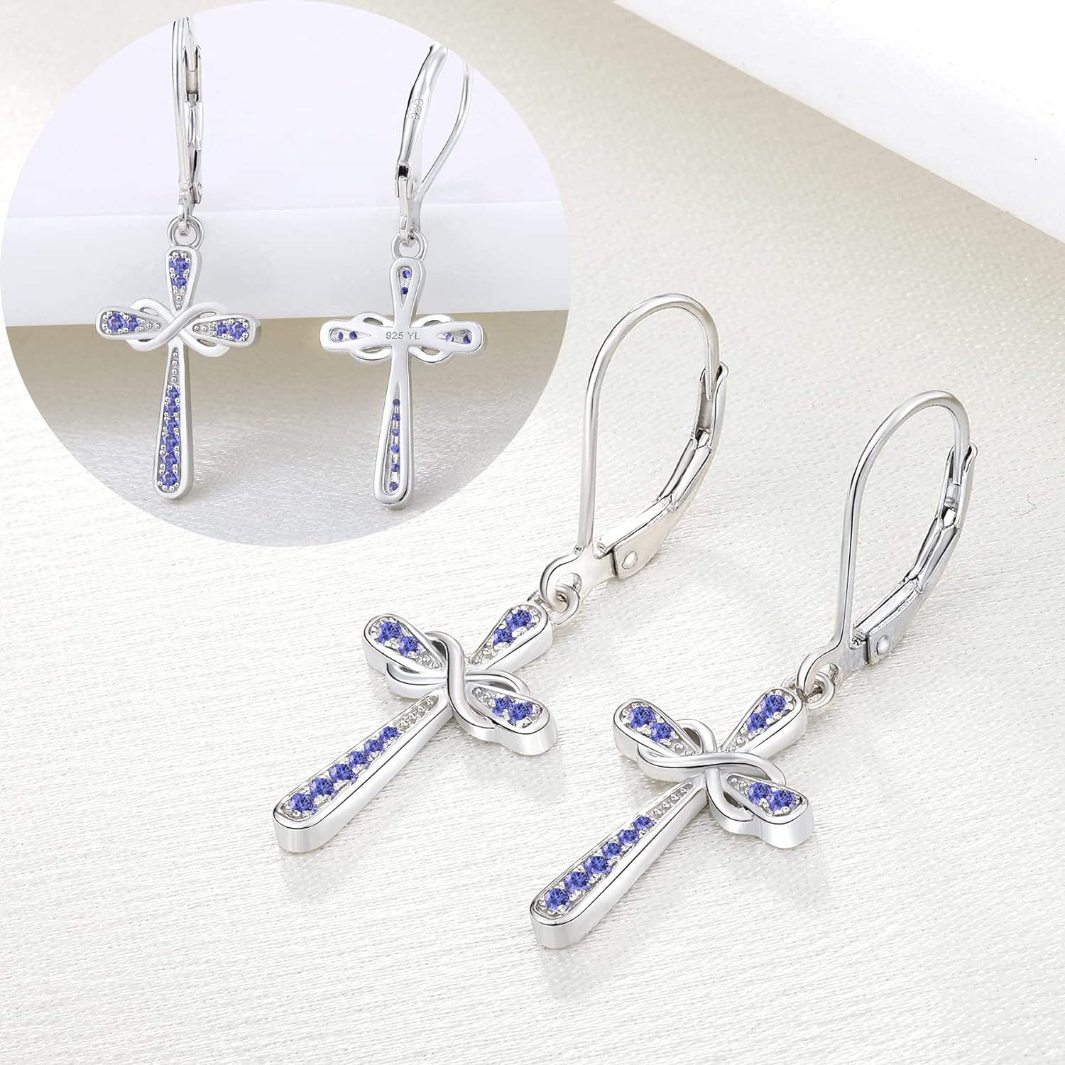 Cross Earrings 925 Sterling Silver Infinity Leverback Earrings Cross Dangle Drop Religious Jewelry Christian Baptism Gift