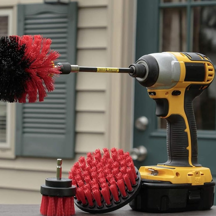 Outdoor - Cleaning Supplies - Drill Brush - Stiff Bristle Power Scrubber Kit with Extension for - Garden - Fire Pit - Patio - Deck - Floor Cleaner - Concrete - Stone - Brick - Spin Brush - Bird Bath