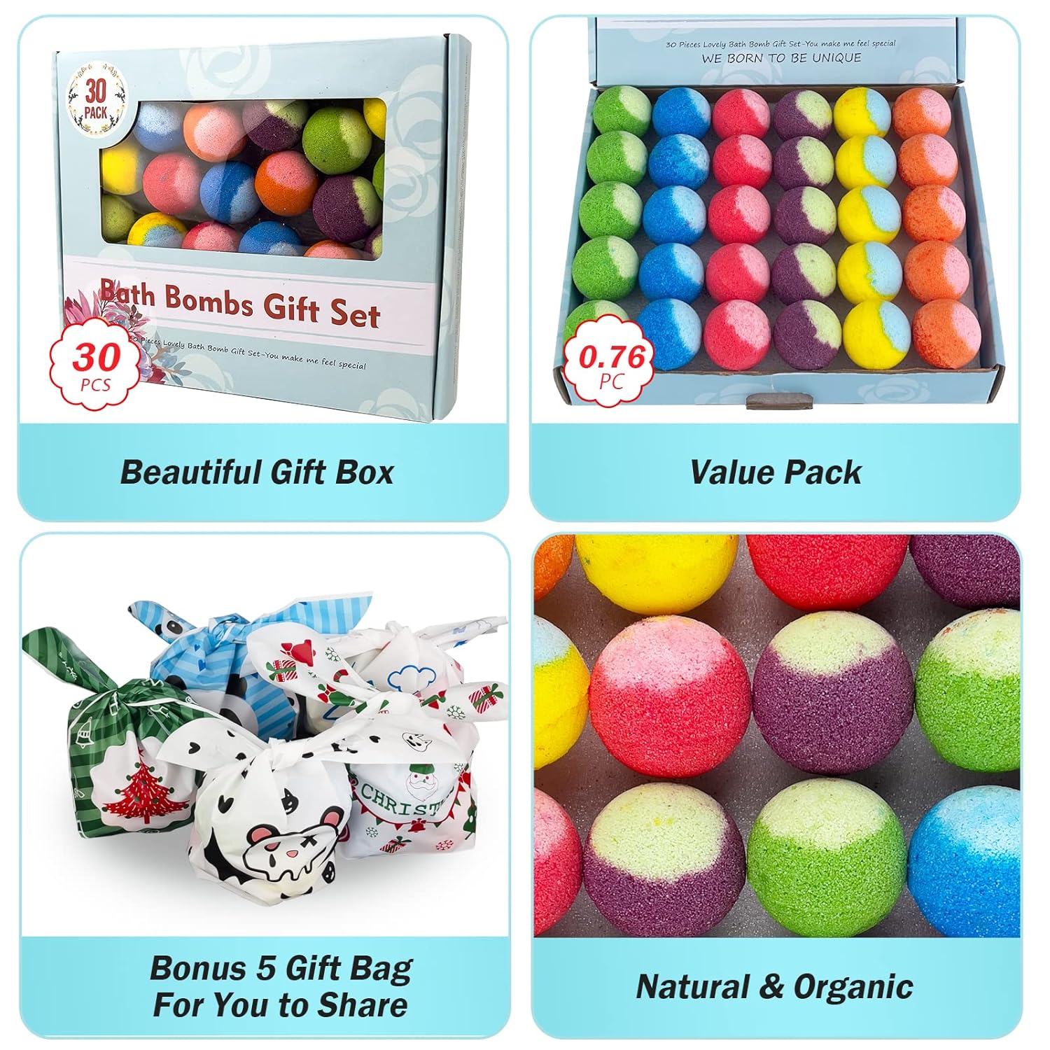 30 Pcs Bath Bomb Gift Set, Natural Organic Mini Bath Bombs, Handmade with Rich Fizz - Best Birthday Gift for Kids/Women/Men, Mother'S Day