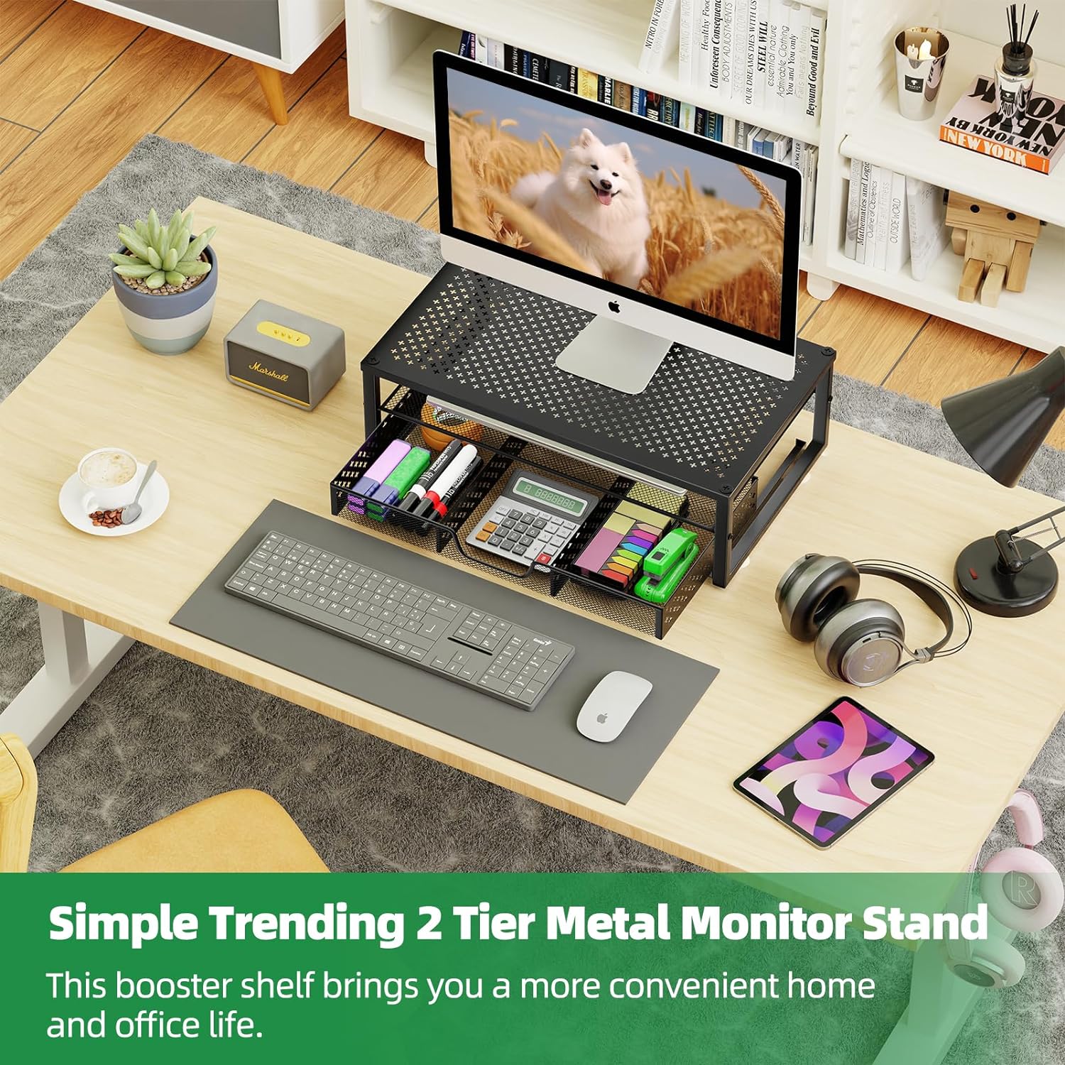 -Metal Monitor Stand Riser and Computer Desk Organizer with Drawer for Laptop, Computer, Imac, Black