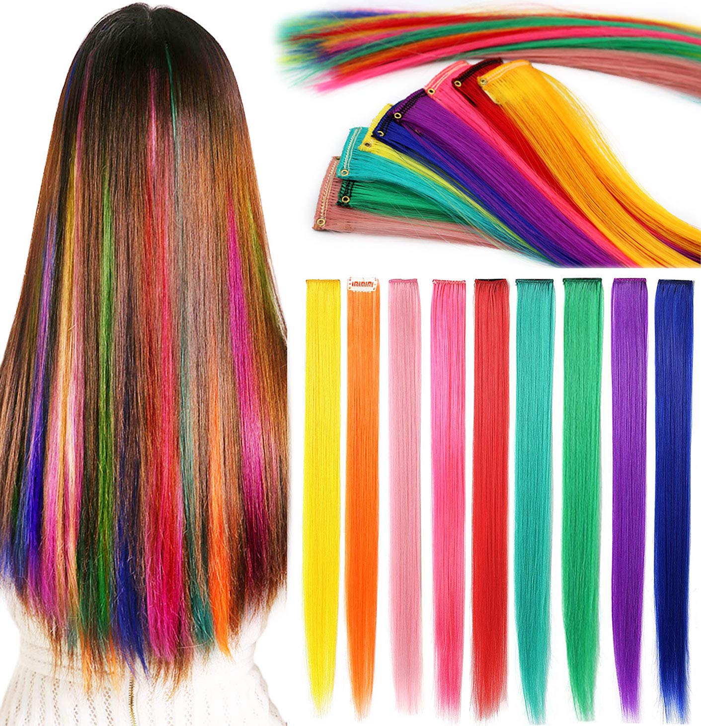 9 PCS Colored Hair Extensions Clip in 21 Inch Straight Multicolored Hair Extensions Accessories for Girls Women Gift Party Highlights Wig Pieces (Rainbow Color)