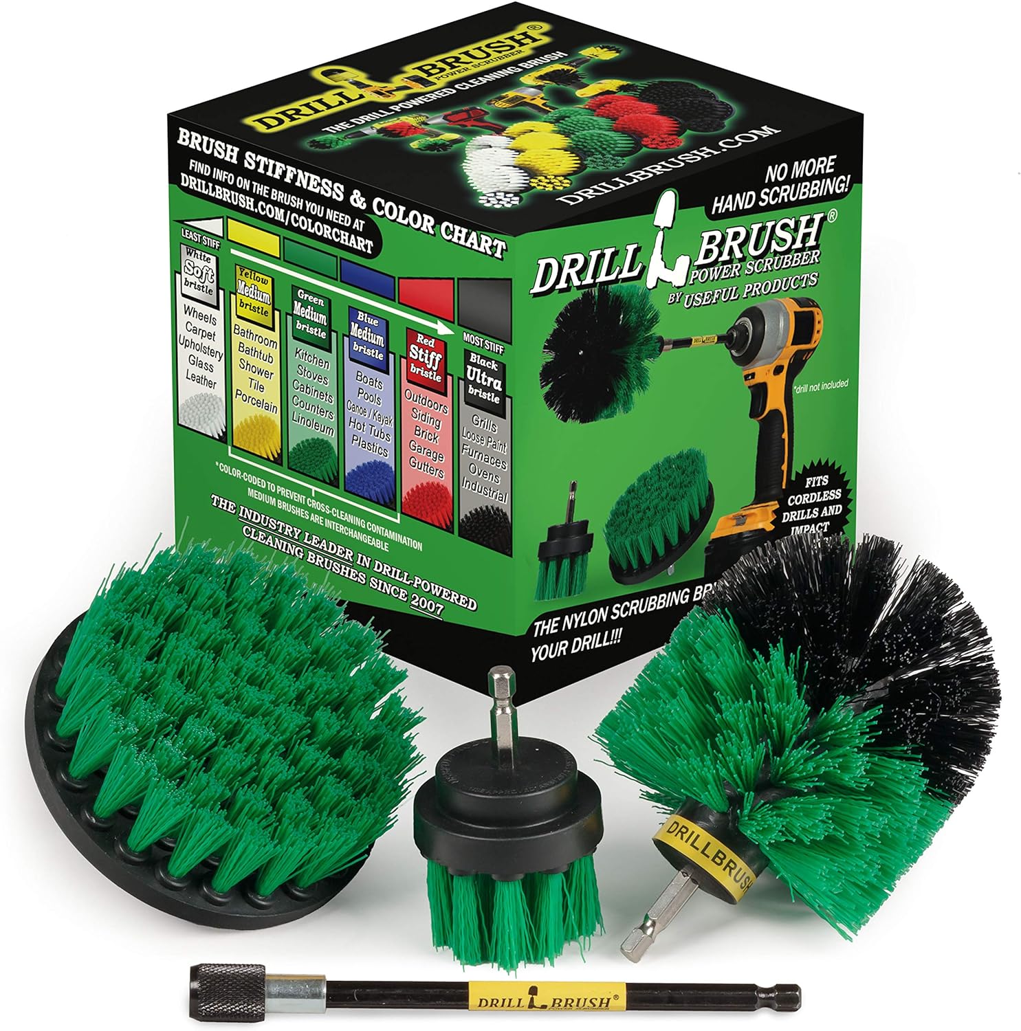 Outdoor - Cleaning Supplies - Drill Brush - Stiff Bristle Power Scrubber Kit with Extension for - Garden - Fire Pit - Patio - Deck - Floor Cleaner - Concrete - Stone - Brick - Spin Brush - Bird Bath
