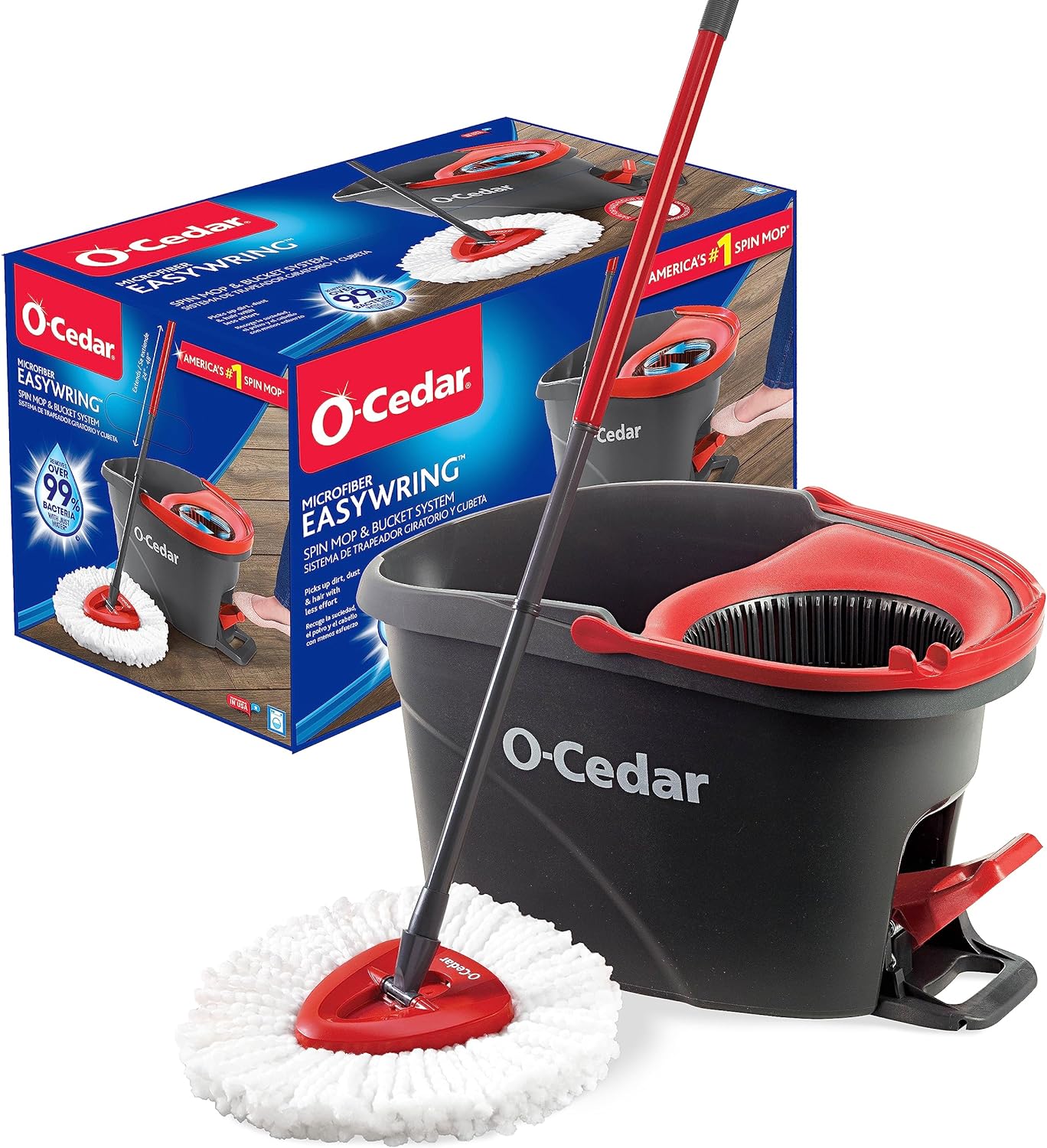 Easywring Microfiber Spin Mop, Bucket Floor Cleaning System, Red, Gray