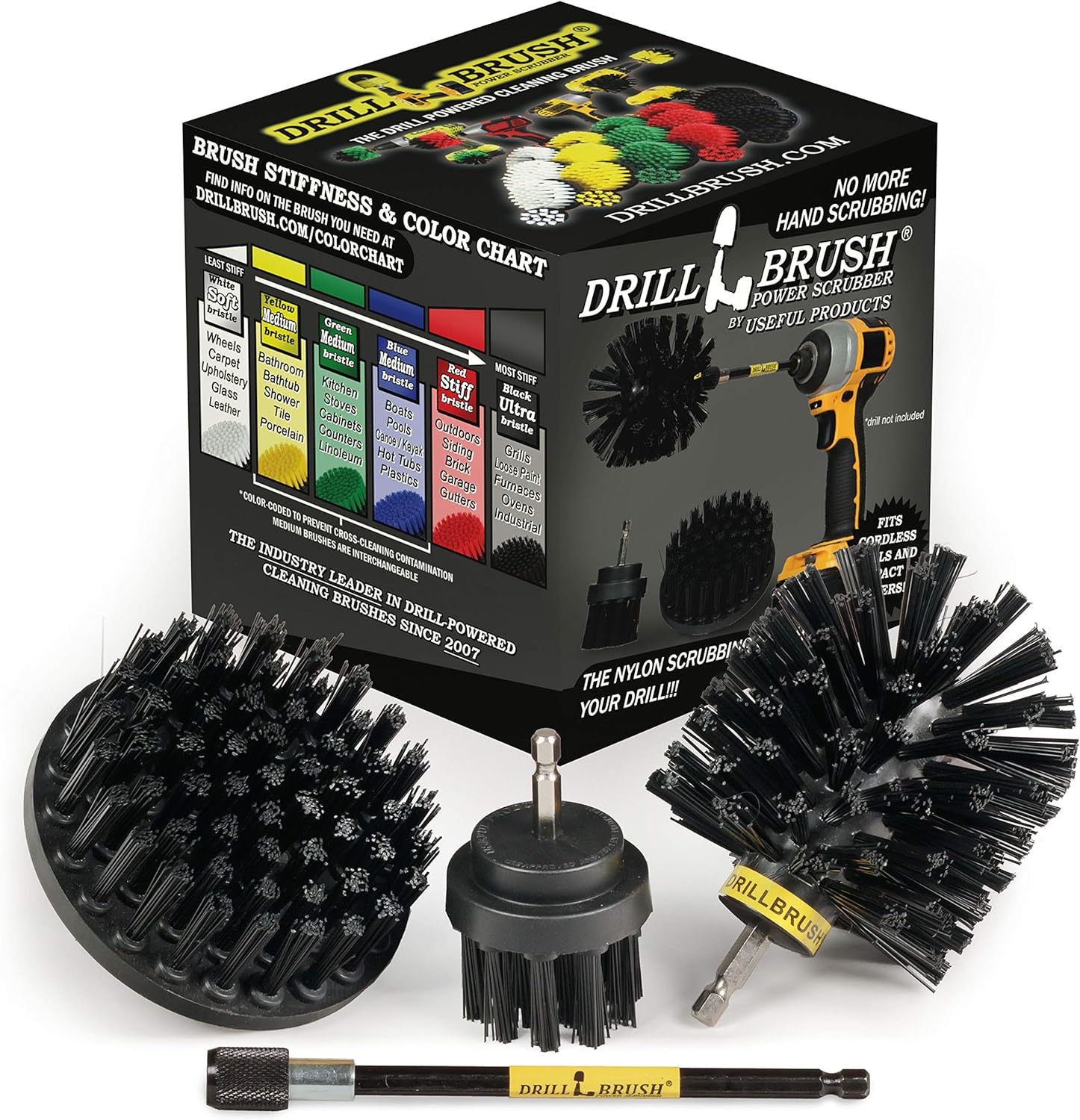 Outdoor - Cleaning Supplies - Drill Brush - Stiff Bristle Power Scrubber Kit with Extension for - Garden - Fire Pit - Patio - Deck - Floor Cleaner - Concrete - Stone - Brick - Spin Brush - Bird Bath
