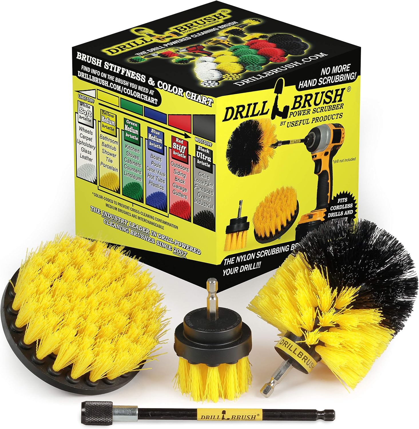 Outdoor - Cleaning Supplies - Drill Brush - Stiff Bristle Power Scrubber Kit with Extension for - Garden - Fire Pit - Patio - Deck - Floor Cleaner - Concrete - Stone - Brick - Spin Brush - Bird Bath