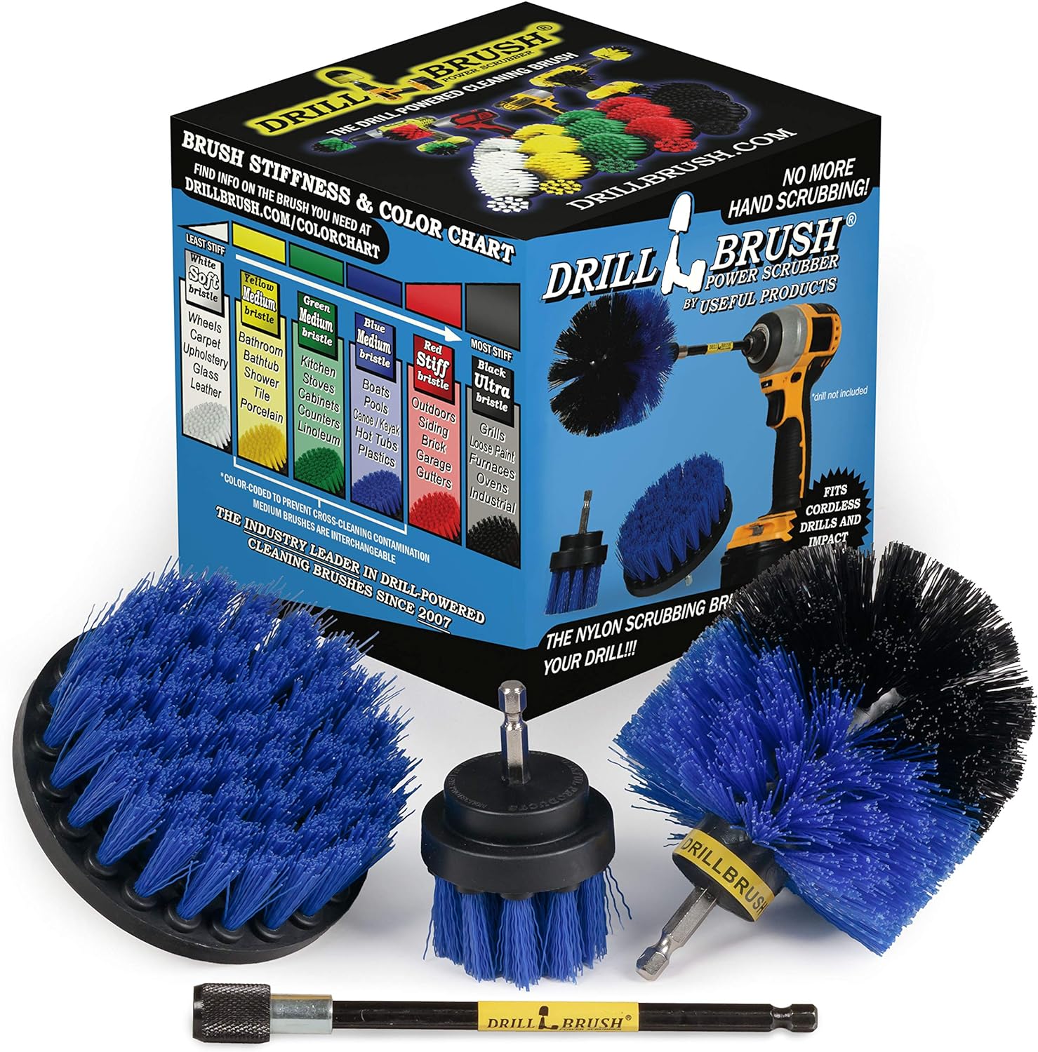 Outdoor - Cleaning Supplies - Drill Brush - Stiff Bristle Power Scrubber Kit with Extension for - Garden - Fire Pit - Patio - Deck - Floor Cleaner - Concrete - Stone - Brick - Spin Brush - Bird Bath