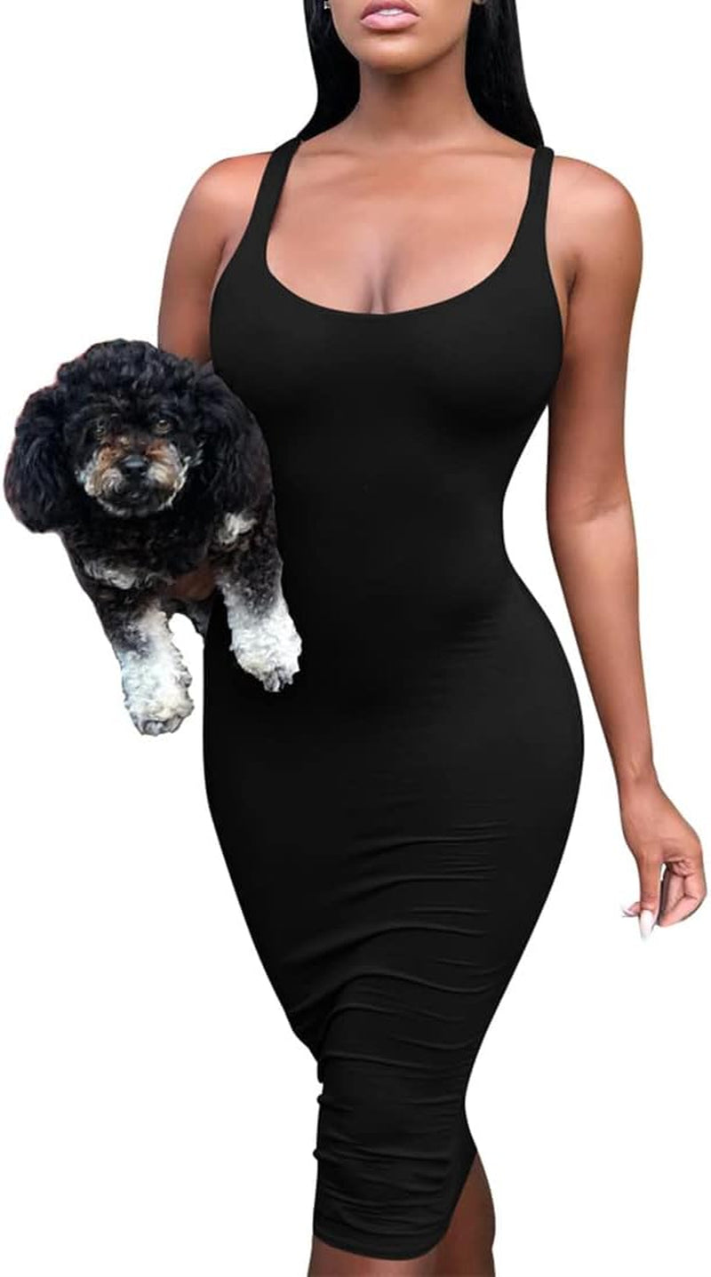 Women'S Casual Basic Pencil Tank Dress Sexy Sleeveless Bodycon Midi Club Dress
