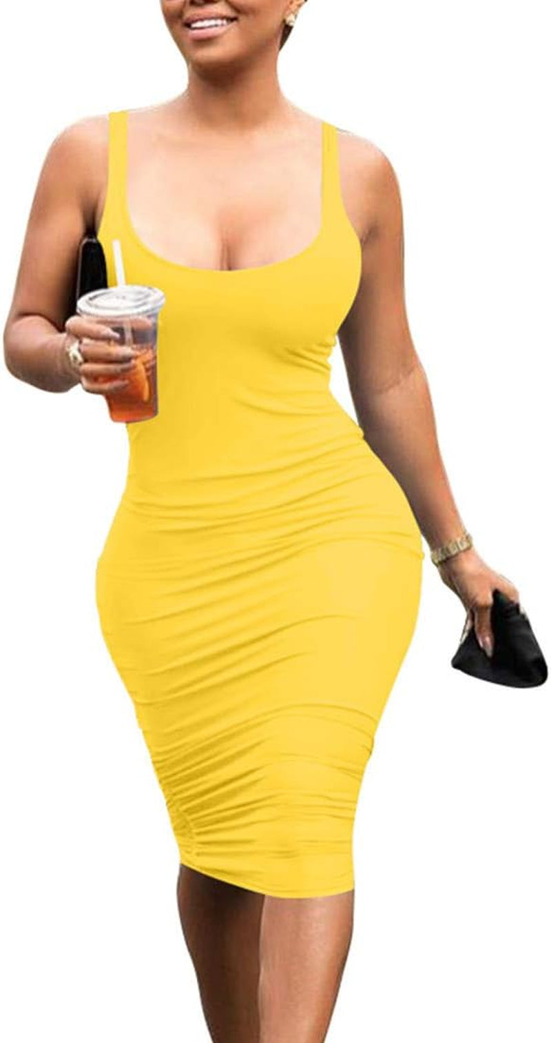 Women'S Casual Basic Pencil Tank Dress Sexy Sleeveless Bodycon Midi Club Dress